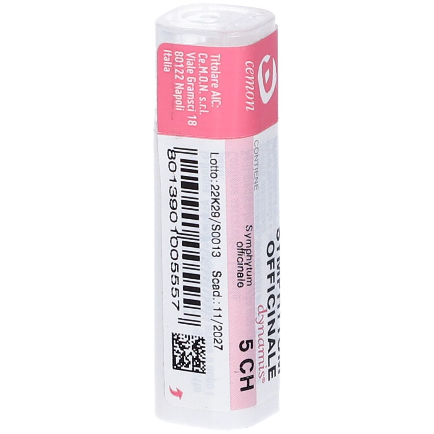 Confezione cilindrica. Etichetta rosa con testo: Symphytum Officinale 5 CH, cemon, dynamis.