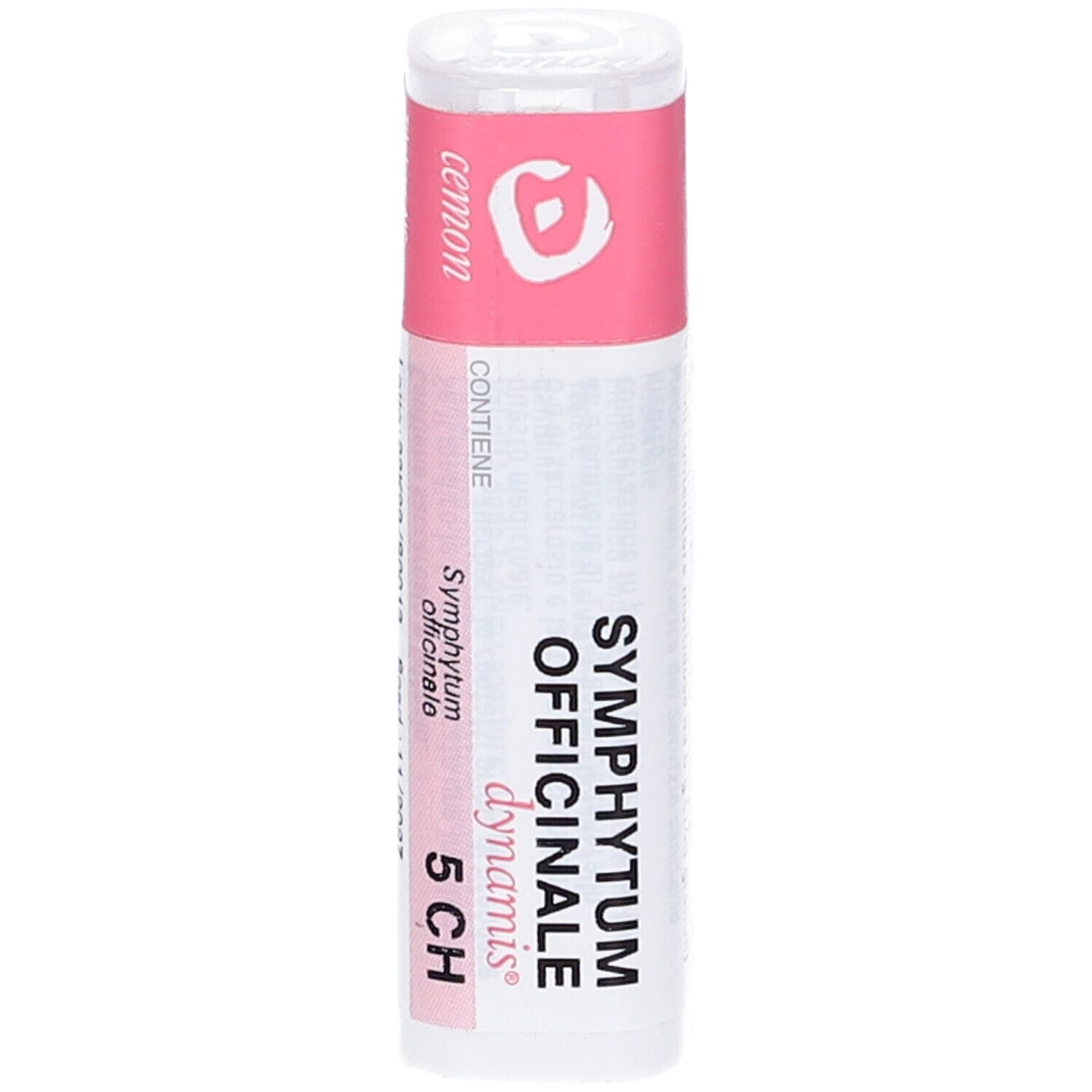 Confezione cilindrica. Etichetta rosa con testo: Symphytum Officinale 5 CH, cemon, dynamis.