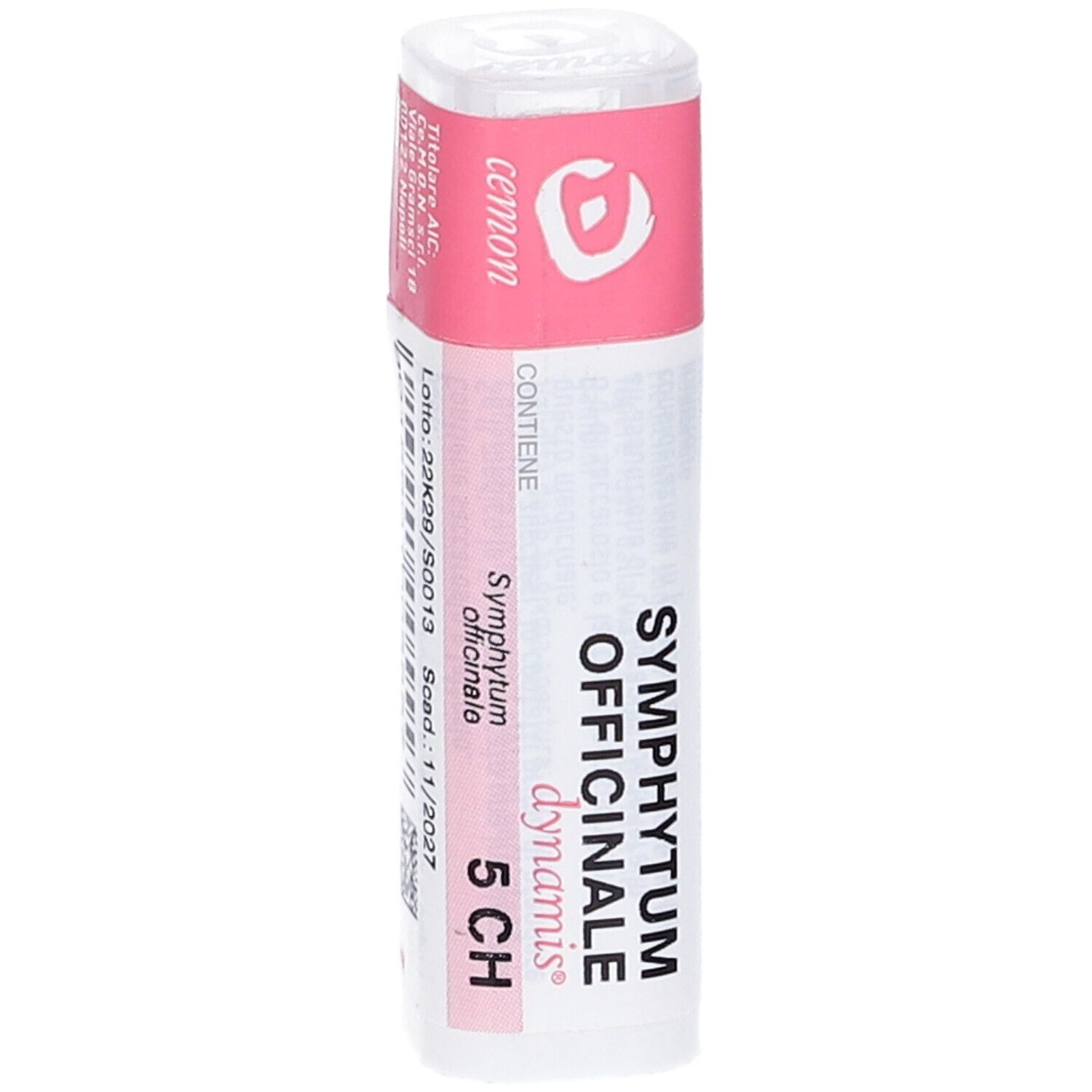 Confezione cilindrica. Etichetta rosa con testo: Symphytum Officinale 5 CH, cemon, dynamis.