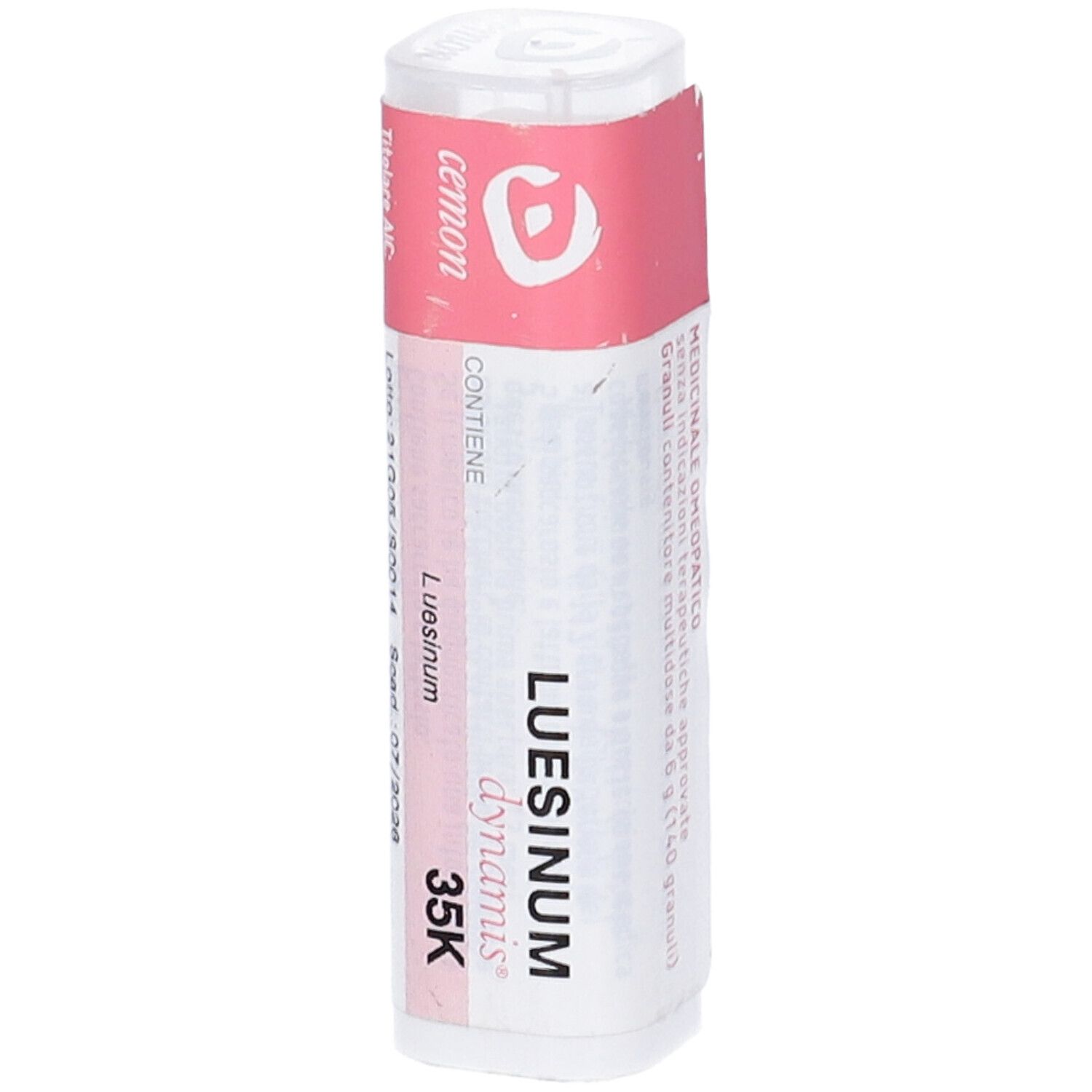 Confezione cilindrica con etichetta rosa e bianca. Scritta: Luesinum dynamis 35K.