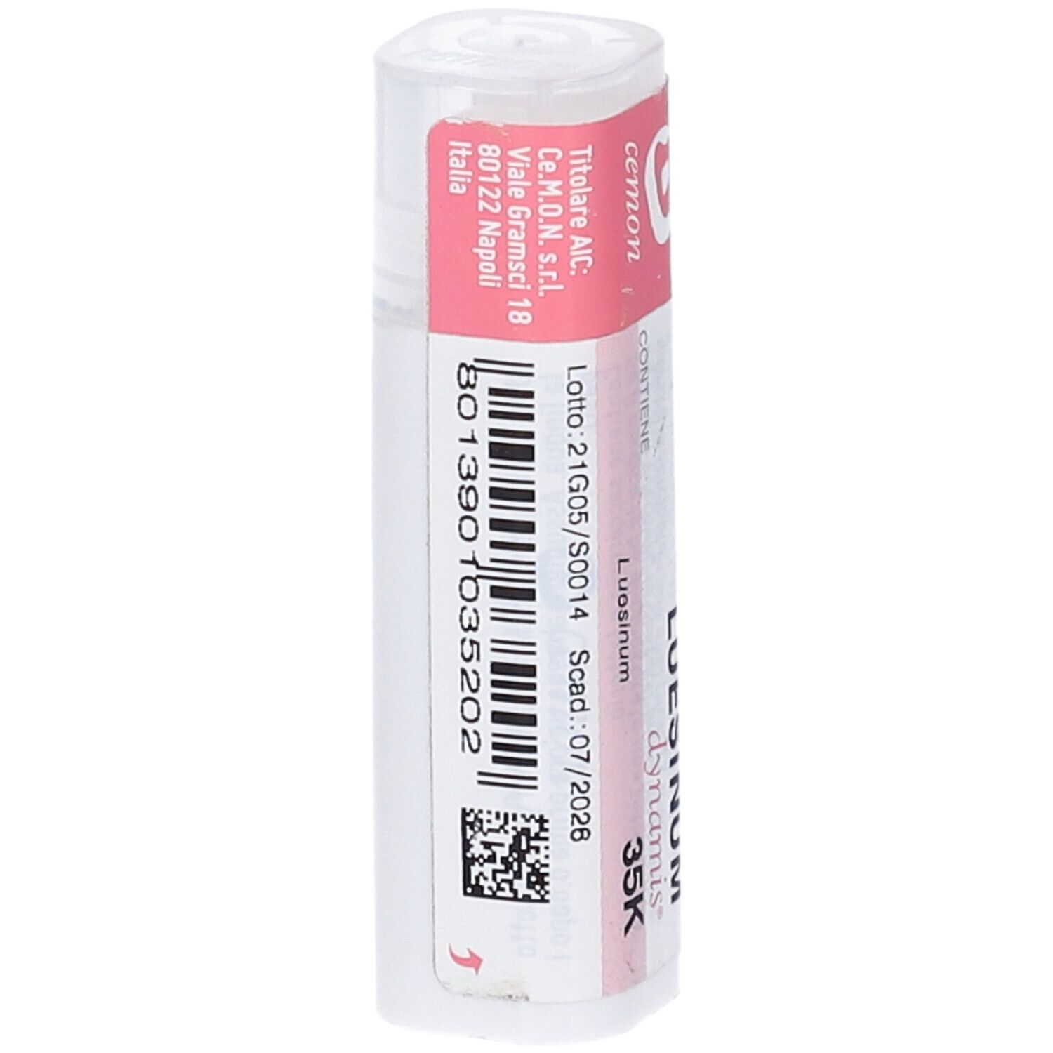 Confezione cilindrica con etichetta rosa e bianca. Scritta: Luesinum dynamis 35K, numero di lotto e scadenza.