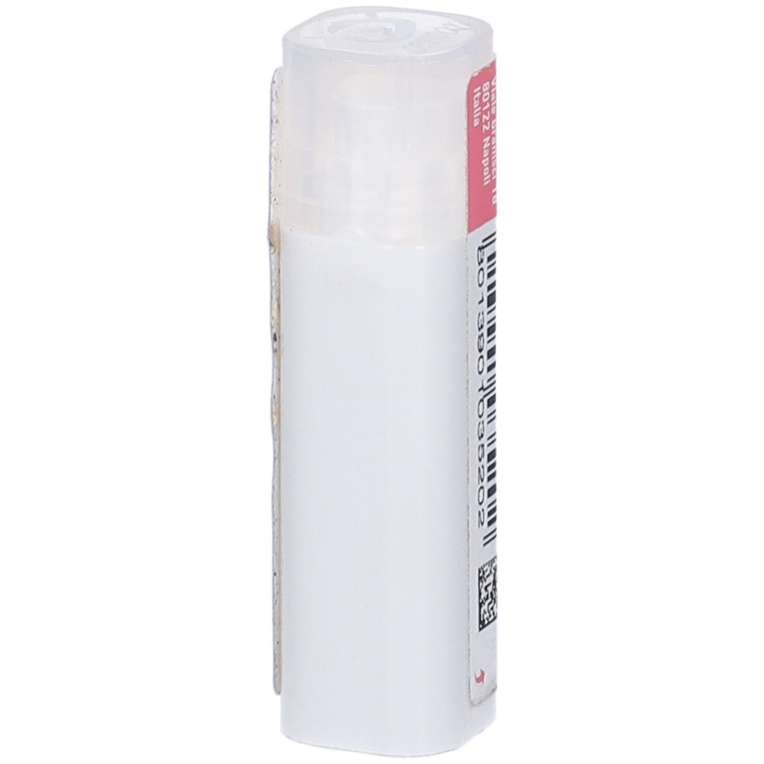 Confezione cilindrica con etichetta bianca. Scritta: indirizzo del produttore e codice a barre.