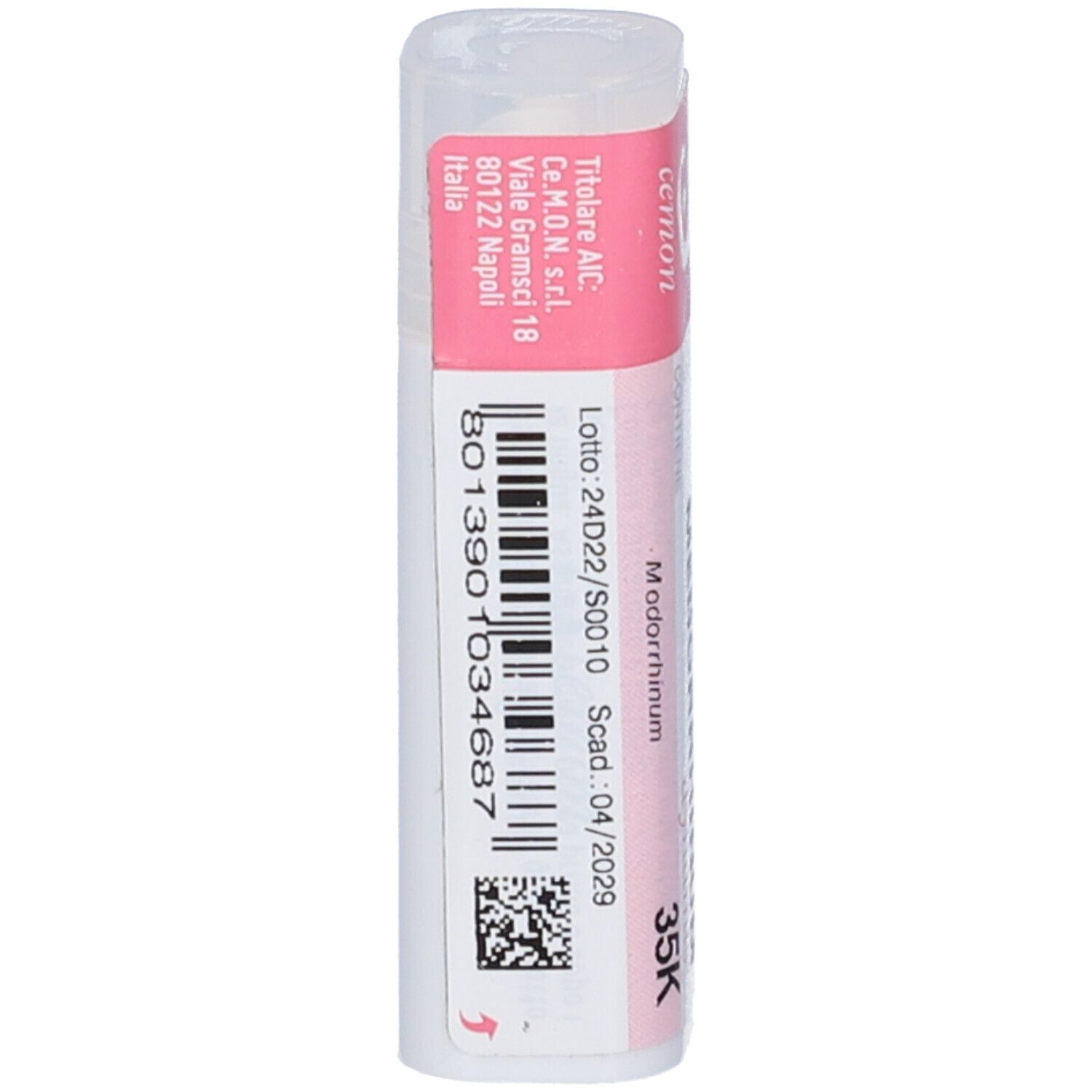 Confezione cilindrica con codice a barre ed etichetta. Scritta: Cemon, Medorrhinum 35K. Scadenza: 04/2029.