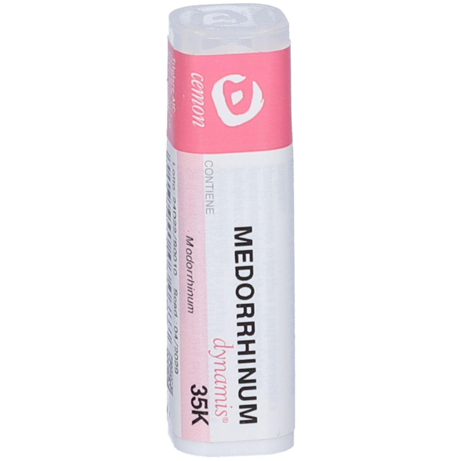 Confezione cilindrica con etichetta rosa. Scritta: Cemon, Medorrhinum dynamis 35K. Contiene granuli.