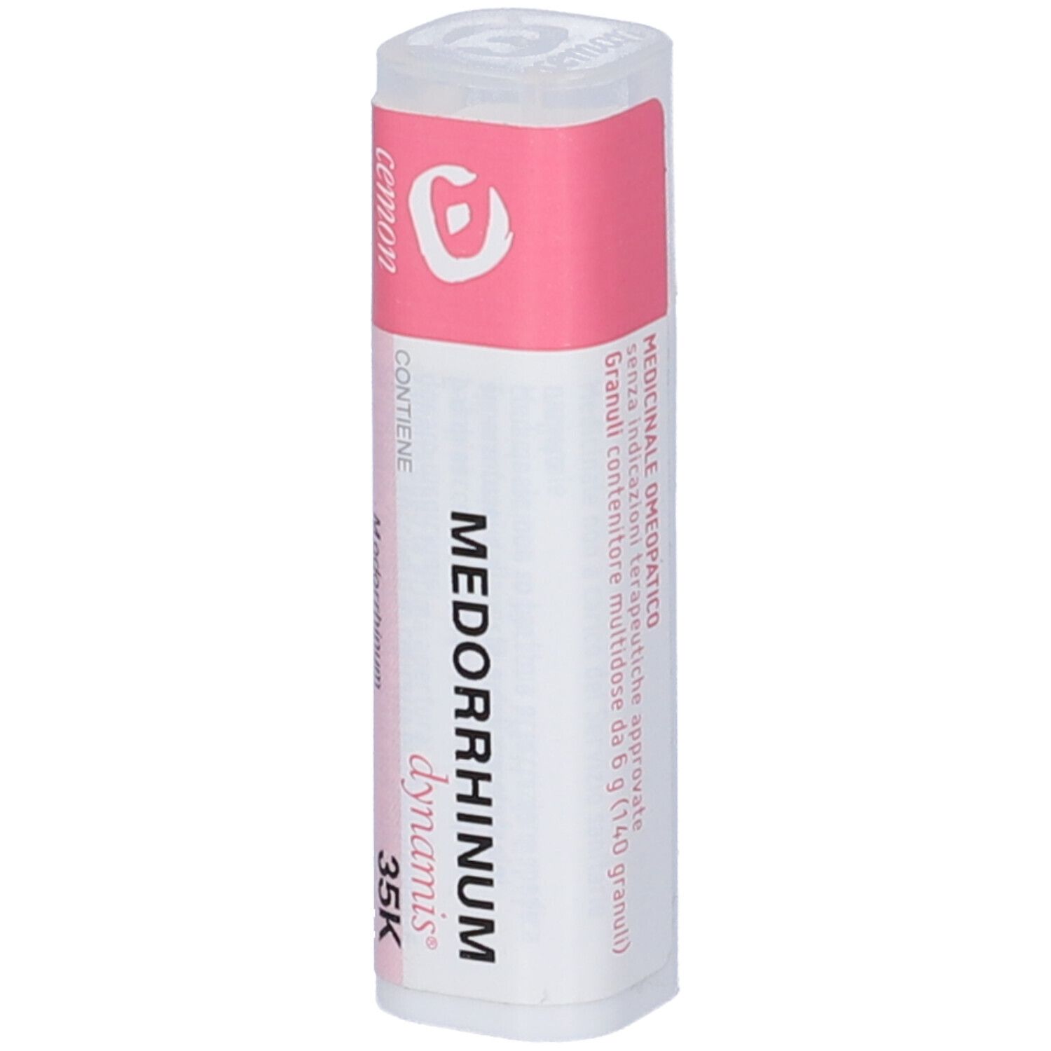 Confezione cilindrica con etichetta rosa. Scritta: Cemon, Medorrhinum dynamis 35K. Contiene granuli.
