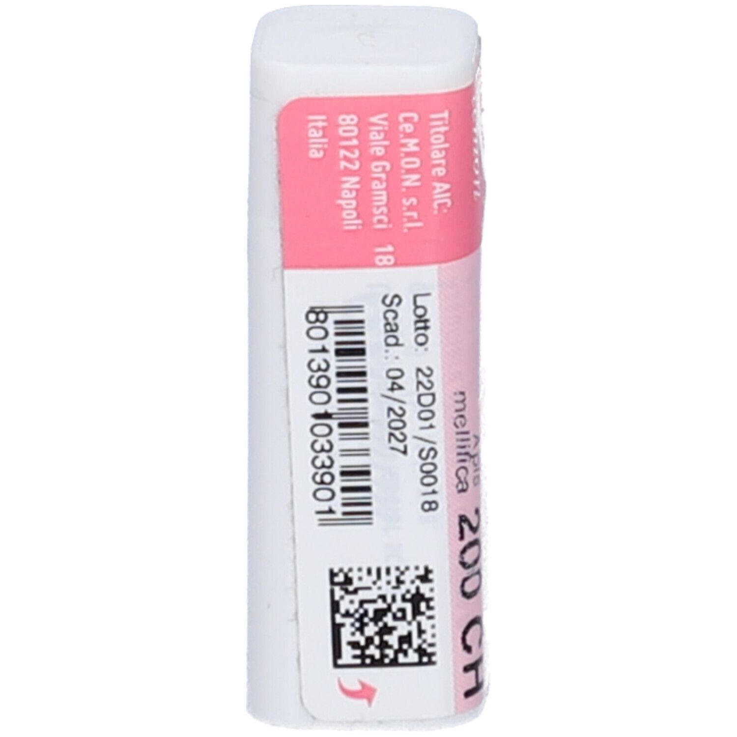 Retro della confezione Cemon Apis Mellifica 200Ch Globuli. Contiene codice a barre, codice QR e informazioni sul lotto.