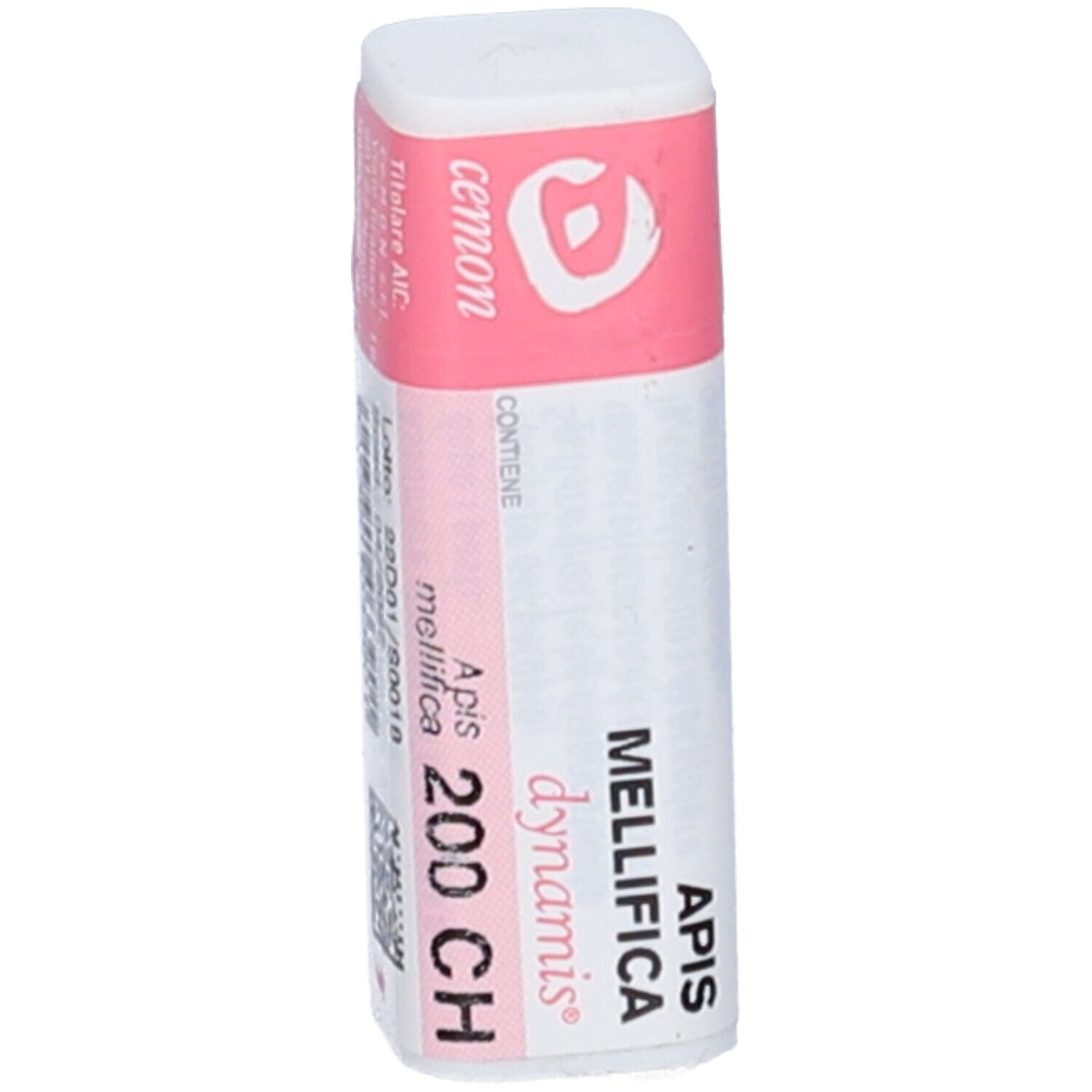 Confezione Cemon Apis Mellifica 200Ch Globuli. Etichette rosa e bianche con nome del prodotto e logo.