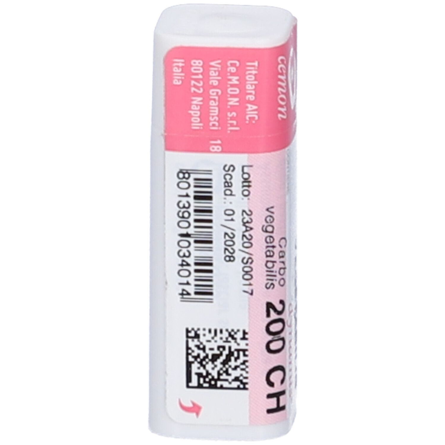 Confezione cilindrica con coperchio rosa. Scritta: Carbo Vegetabilis 200 CH, dynamis.