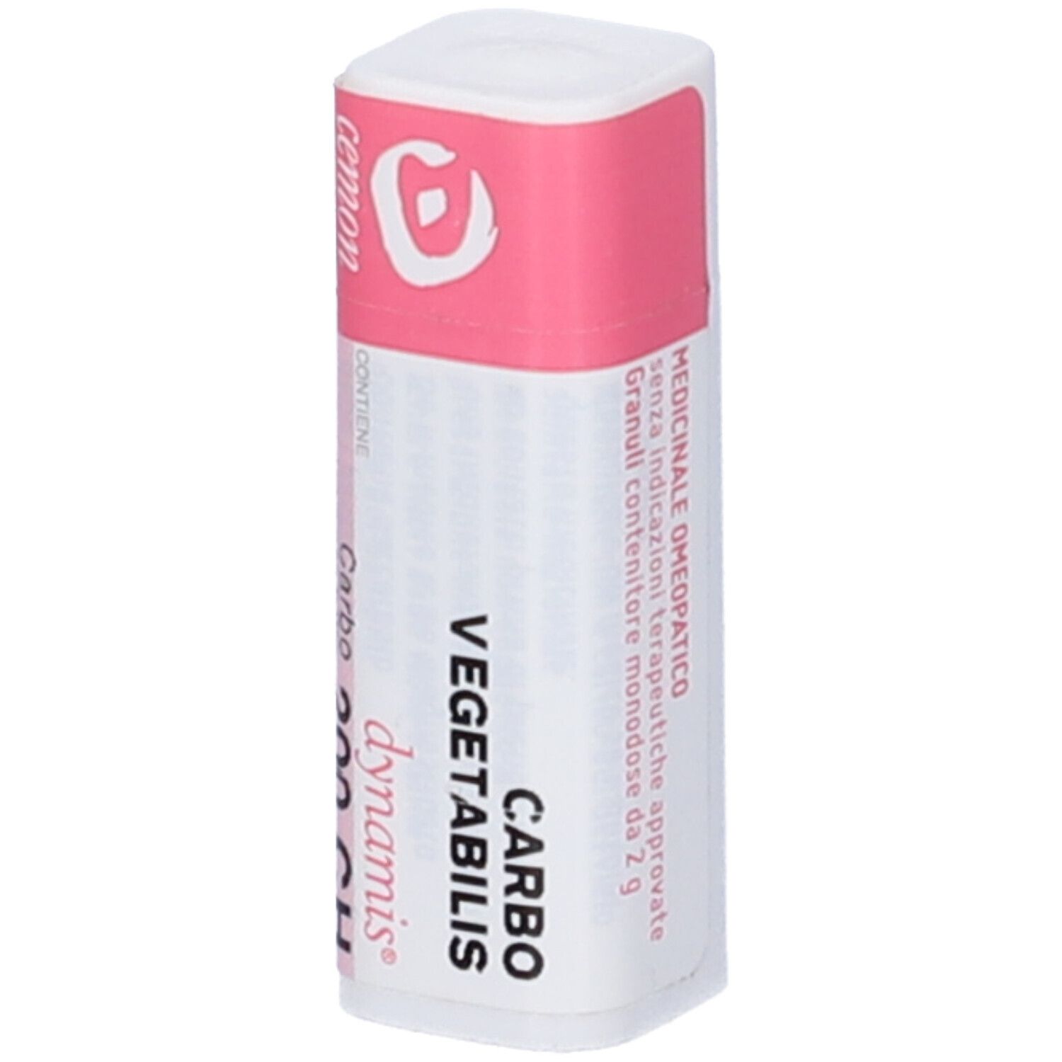 Confezione cilindrica con coperchio rosa. Scritta: Carbo Vegetabilis 200 CH, dynamis.