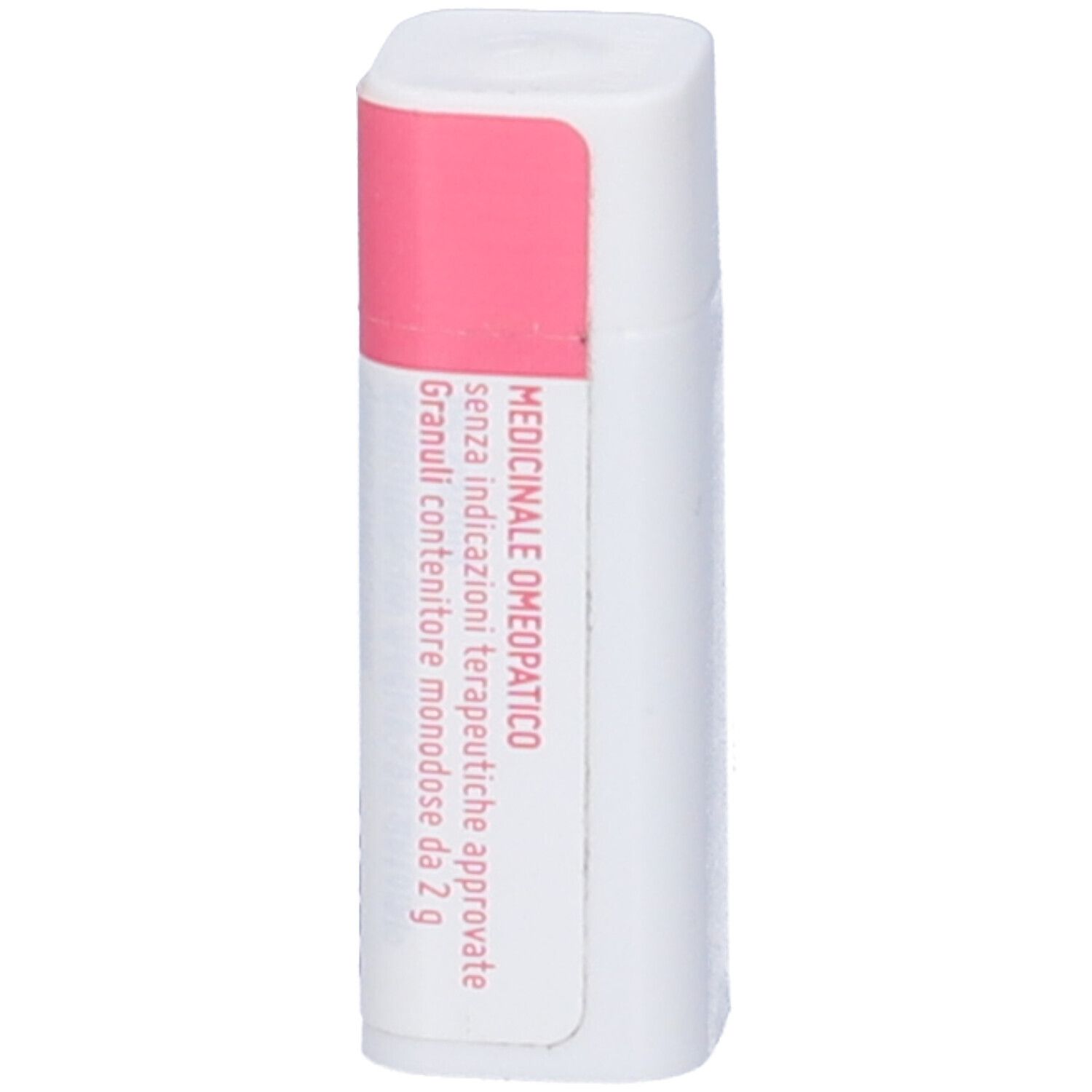 Confezione rettangolare con coperchio rosa. Scritta: Medicinale Omeopatico.