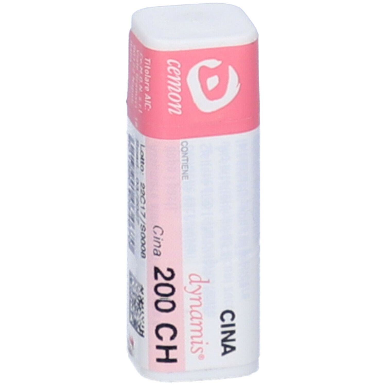 Flacone bianco con etichetta rosa. Scritte: CINA 200 CH, cemon, dynamis. Nome del prodotto: Cina.