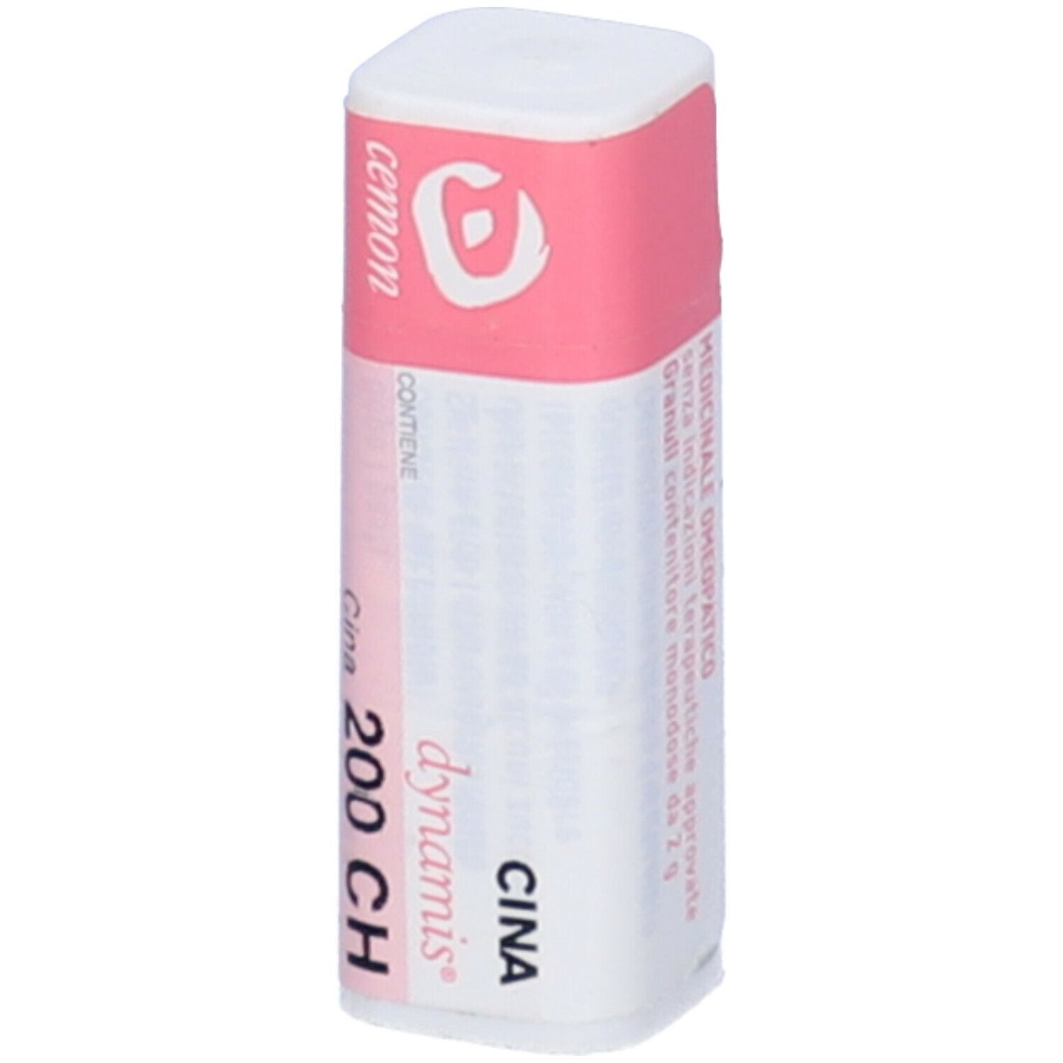Flacone bianco con etichetta rosa. Scritte: CINA 200 CH, cemon, dynamis. Nome del prodotto: Cina.