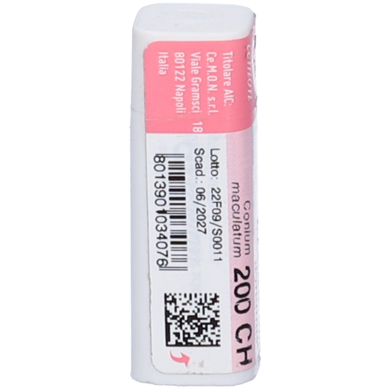 Confezione cilindrica con etichetta rosa e bianca. Contiene informazioni come numero di lotto, data di scadenza e codice a barre.