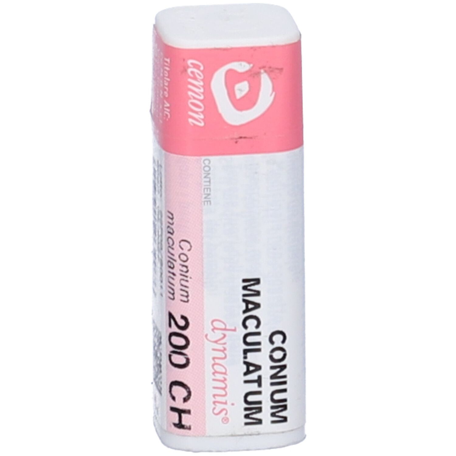 Confezione cilindrica con etichetta rosa e bianca. Scritta: Conium Maculatum 200 CH, dynamis, cemon.