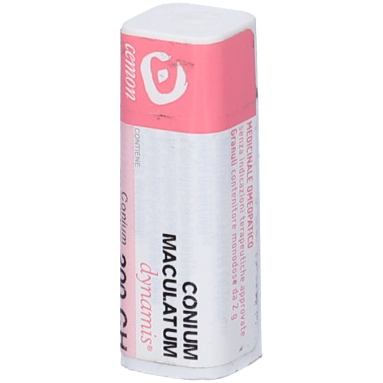 Confezione cilindrica con etichetta rosa e bianca. Scritta: Conium Maculatum 200 CH, dynamis, cemon.