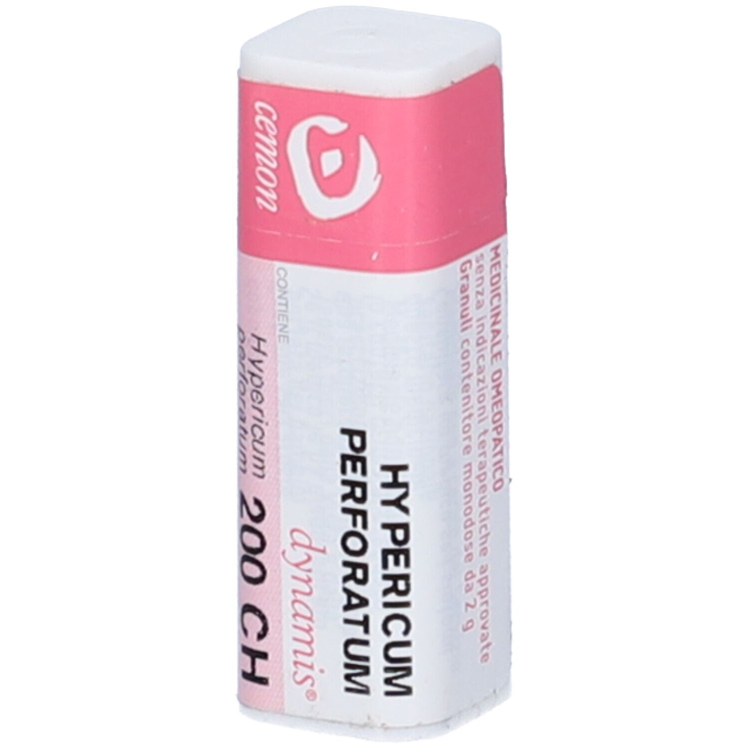 Confezione cilindrica. Colori rosa e bianco. Scritta: Hypericum perforatum 200 CH, cemon.