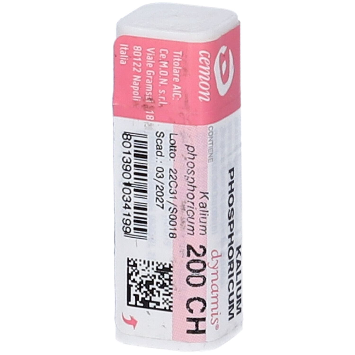 Confezione rettangolare bianca con etichetta rosa. L'etichetta mostra nome, dosaggio e numero di lotto.
