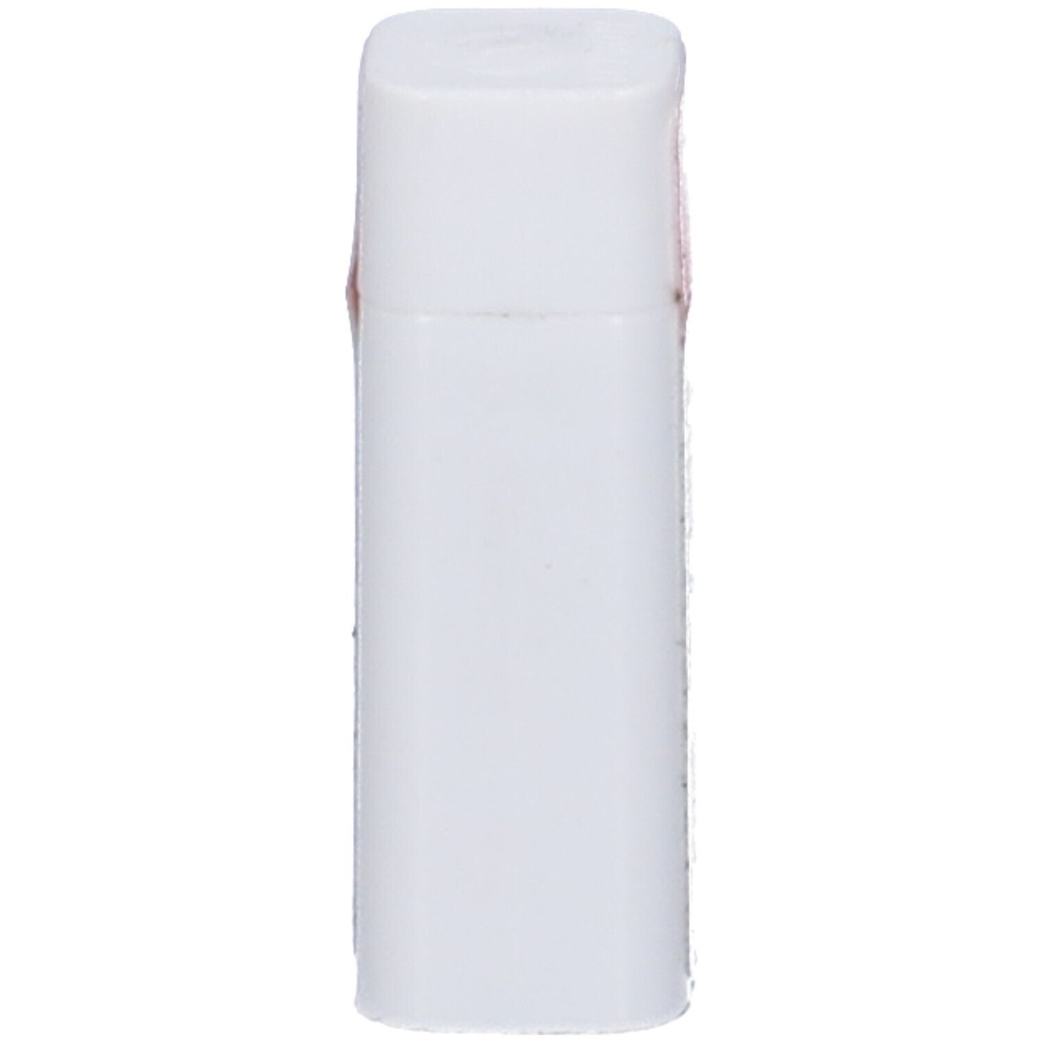 Confezione cilindrica bianca con coperchio quadrato. Etichetta rosa minima visibile.