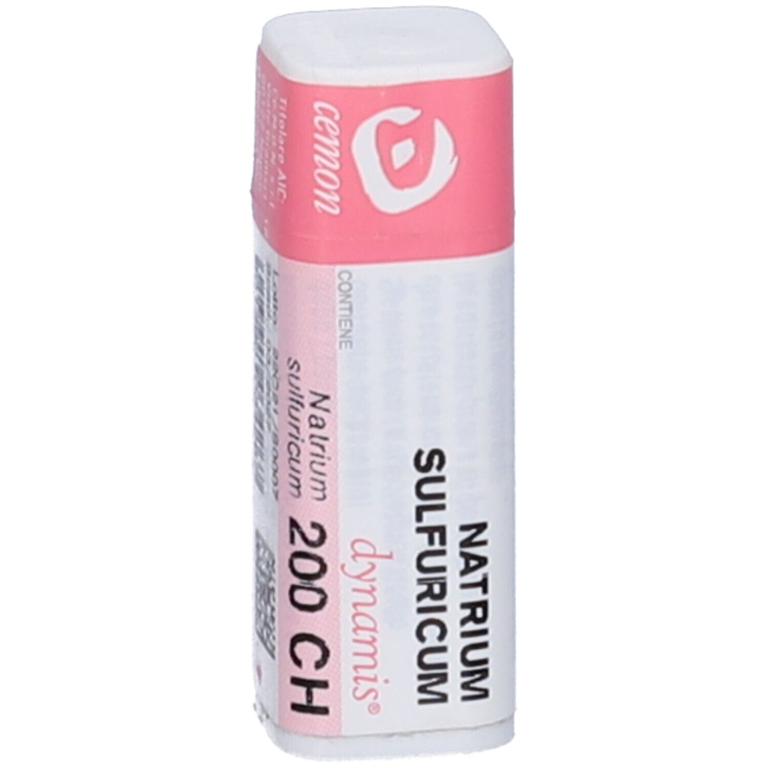 Confezione cilindrica con etichetta rosa e bianca. Scritta: Natrium Sulfuricum 200 CH, Cemon, dynamis.