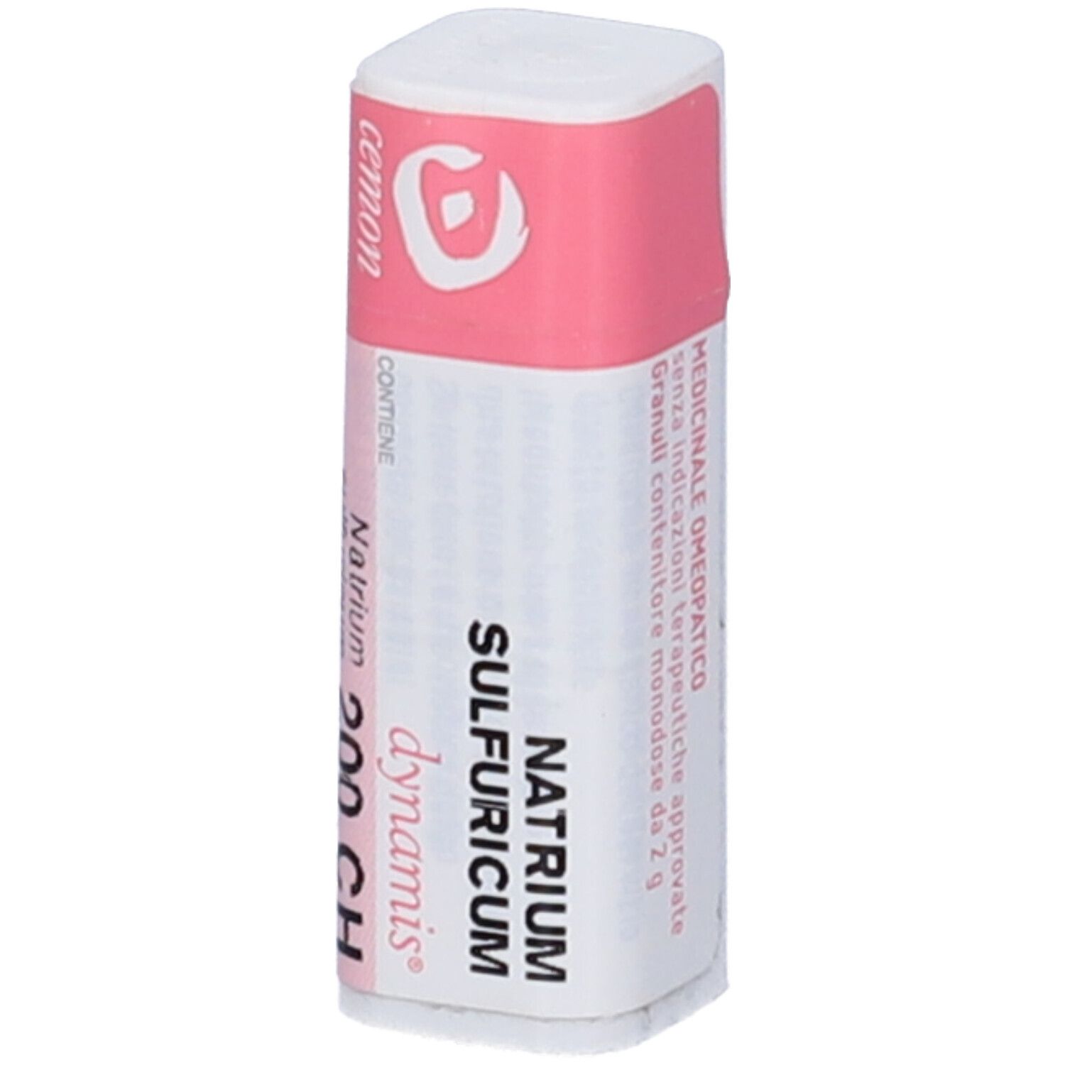 Confezione cilindrica con etichetta rosa e bianca. Scritta: Natrium Sulfuricum 200 CH, Cemon, dynamis.