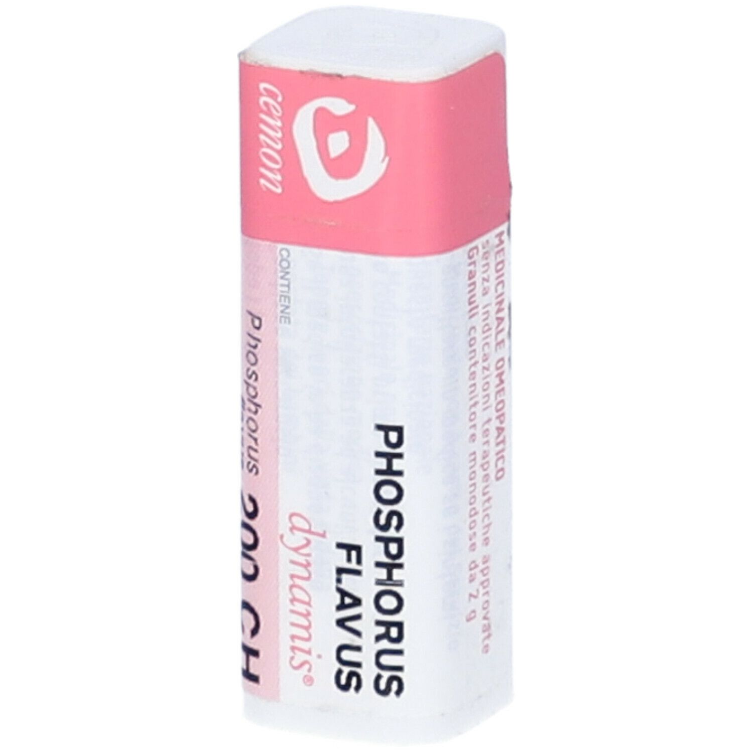 Confezione rettangolare. Etichetta rosa e bianca con nome prodotto e marchio Cemon. Contiene Phosphorus flavus 200 CH Globuli.