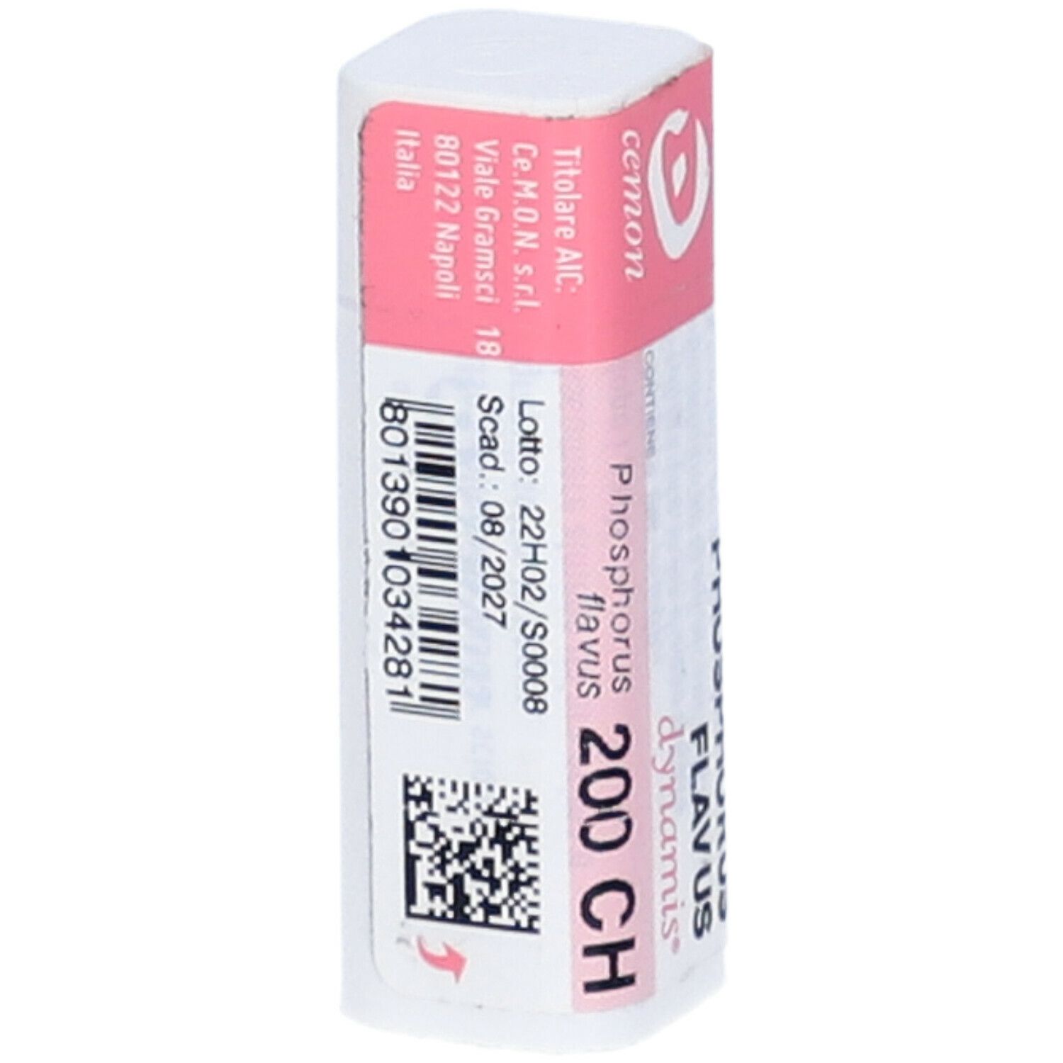 Confezione rettangolare. Etichetta rosa e bianca con nome prodotto, marchio Cemon e numero di lotto. Contiene Phosphorus flavus 200 CH.