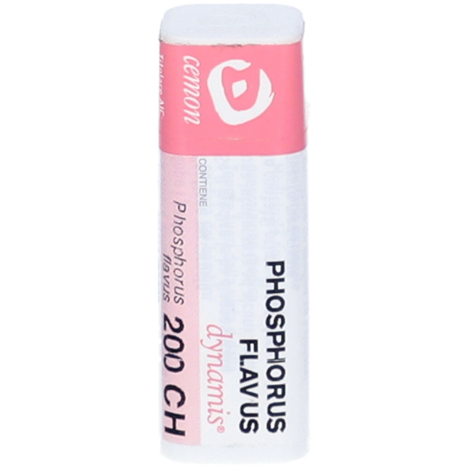 Confezione cilindrica. Etichette rosa e bianche con nome prodotto e marchio Cemon. Contiene Phosphorus flavus 200 CH Globuli.