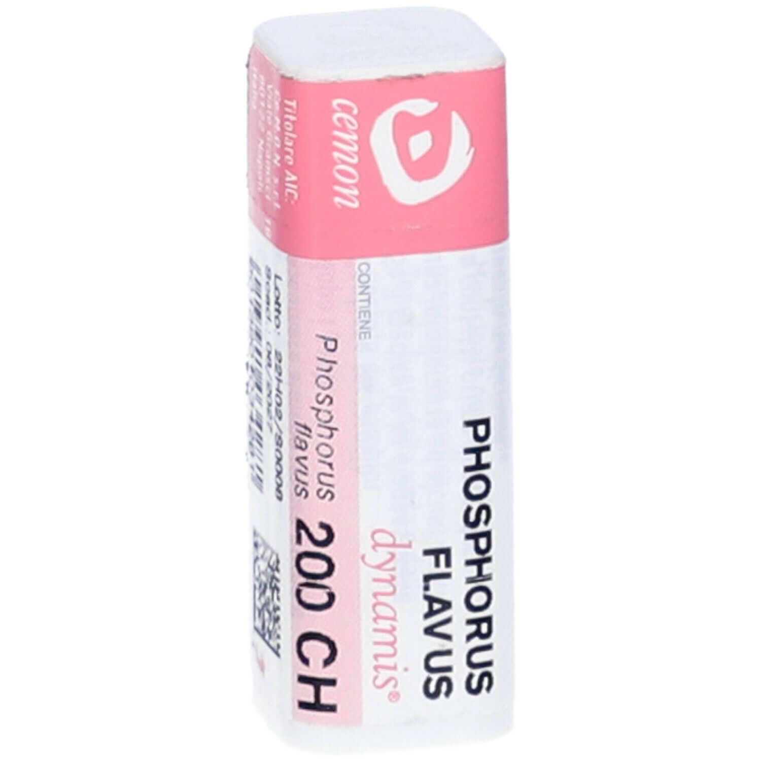 Confezione rettangolare. Etichetta rosa e bianca con nome prodotto, marchio Cemon e numero di lotto. Contiene Phosphorus flavus 200 CH.