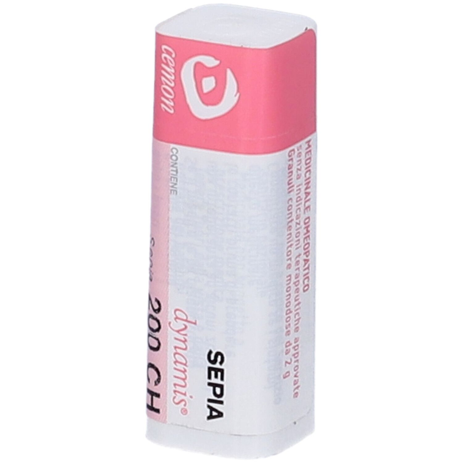 Confezione cilindrica, rosa e bianca. Testo: Sepia 200 CH, Cemon, dynamis. Scritta: Medicinale omeopatico.