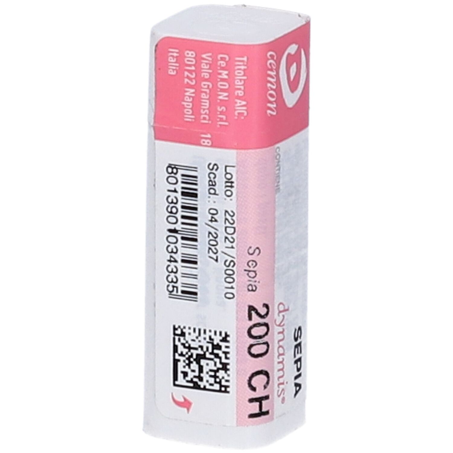 Confezione cilindrica, rosa e bianca. Testo: Sepia 200 CH, Cemon, dynamis. Con numero di lotto e QR code.