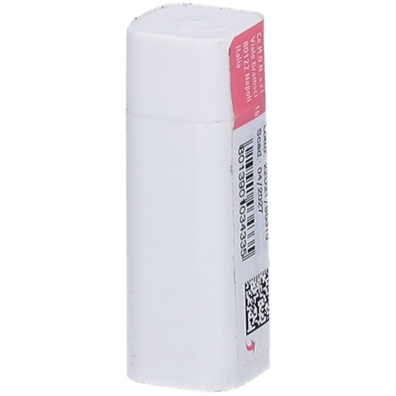 Confezione cilindrica bianca con etichetta rosa. Codice QR e numero di lotto visibili.