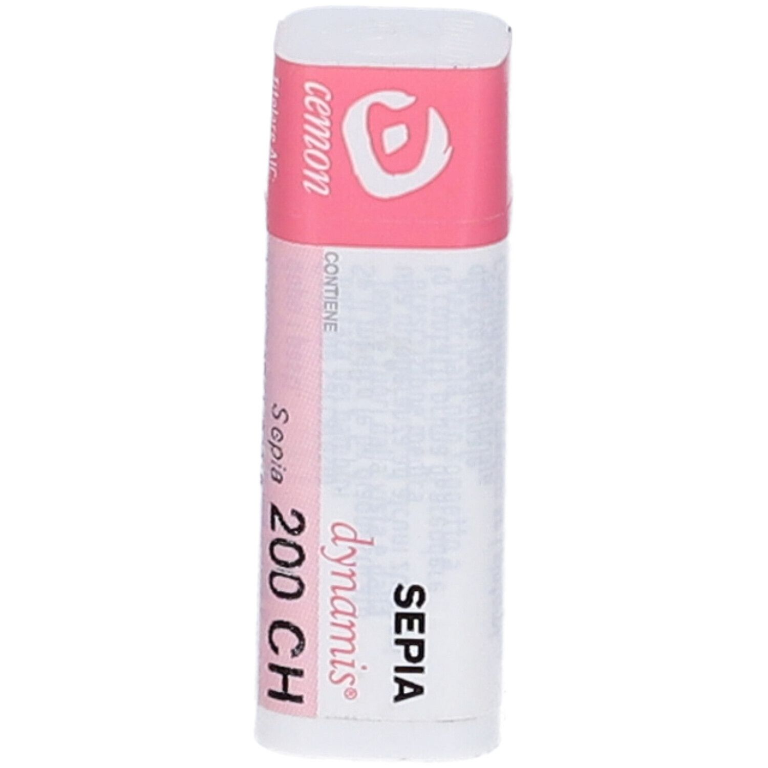 Confezione cilindrica, bianca e rosa. Testo: Sepia 200 CH, Cemon, dynamis. Etichetta del prodotto.