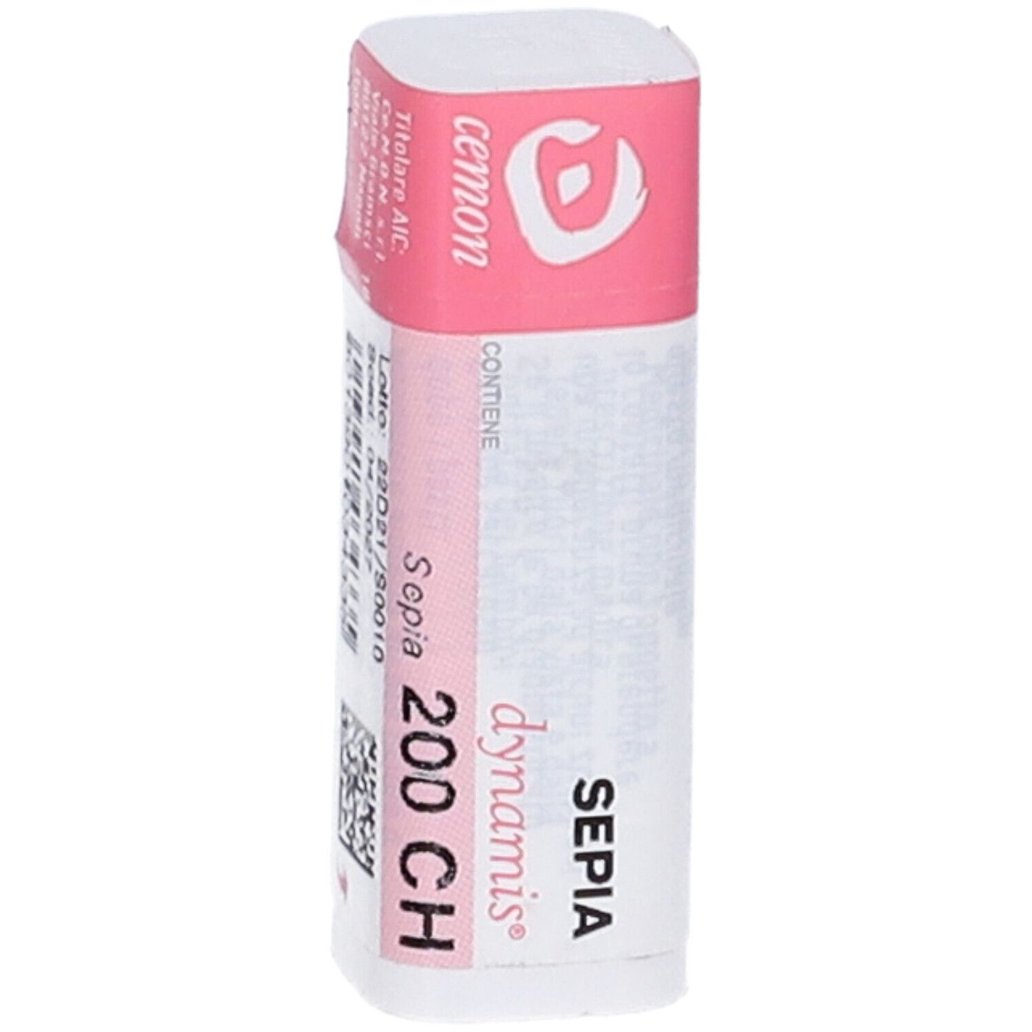 Confezione cilindrica, bianca e rosa. Testo: Sepia 200 CH, Cemon, dynamis. Etichetta del prodotto.