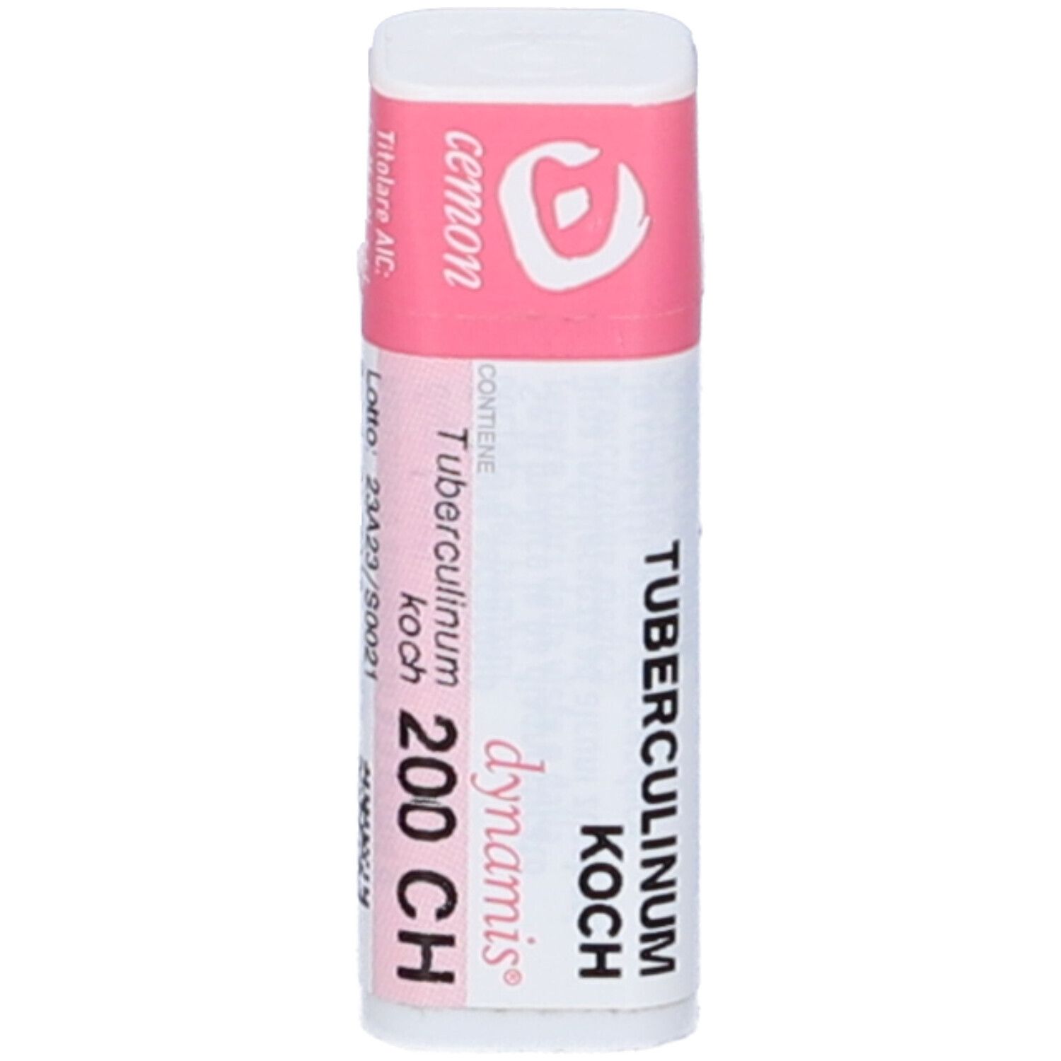 Flacone bianco con etichetta rosa. Scritte: Tubercolinum Koch 200 CH, cemon, dynamis. Nome e dosaggio.