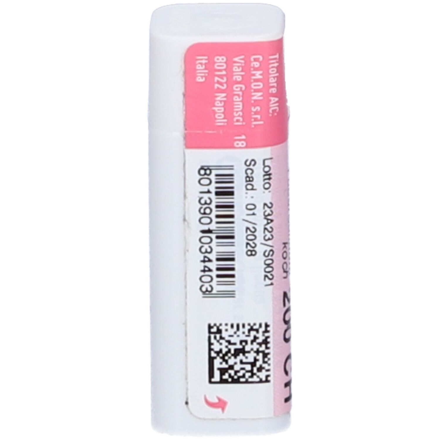 Flacone bianco con etichetta rosa. Scritte: Tubercolinum Koch 200 CH, cemon, dynamis. Dettagli e lotto.