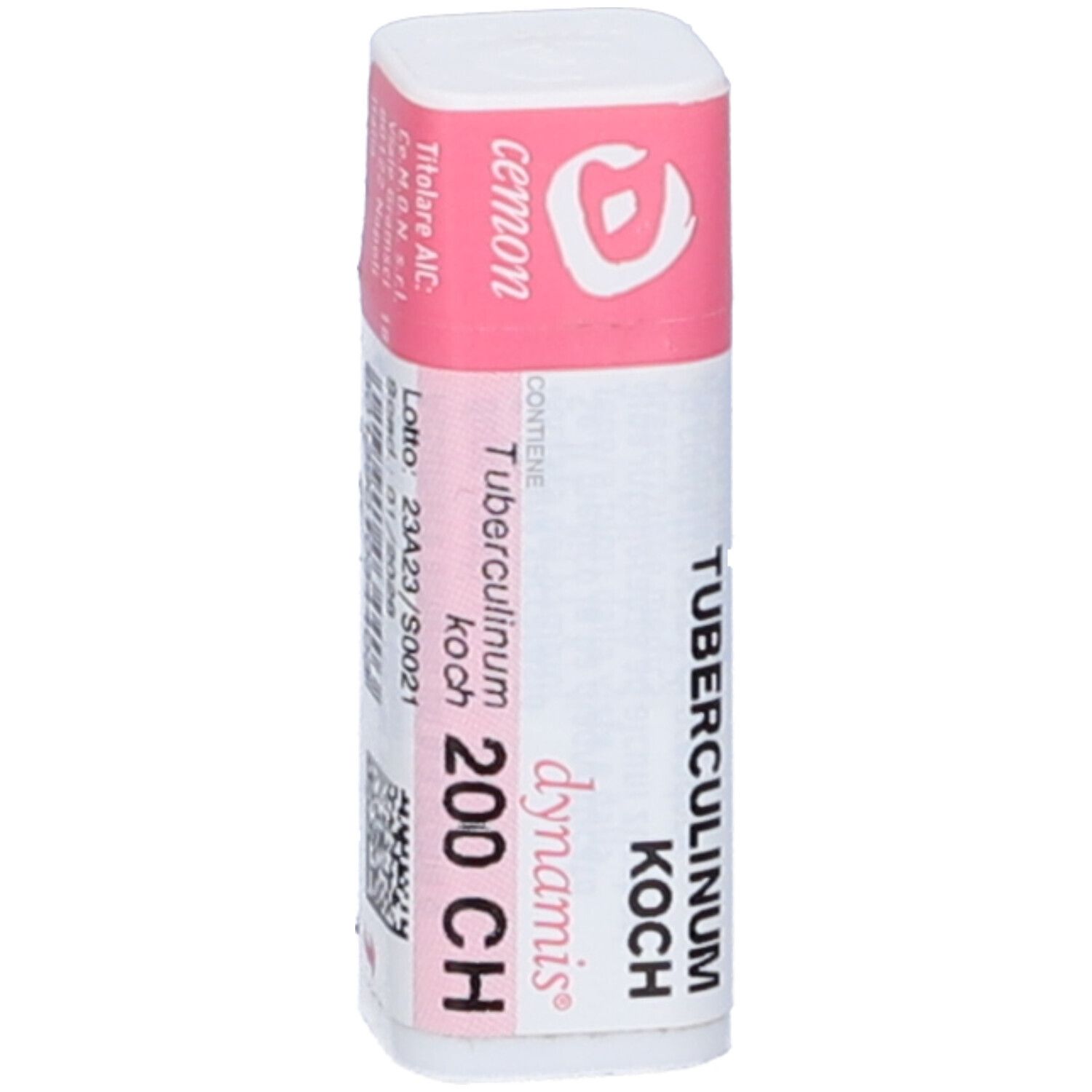 Flacone bianco con etichetta rosa. Scritte: Tubercolinum Koch 200 CH, cemon, dynamis. Nome e dosaggio.