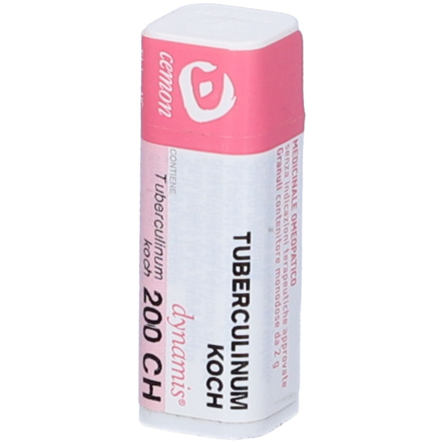 Flacone bianco con etichetta rosa. Scritte: Tubercolinum Koch 200 CH, cemon, dynamis. Informazioni aggiuntive.