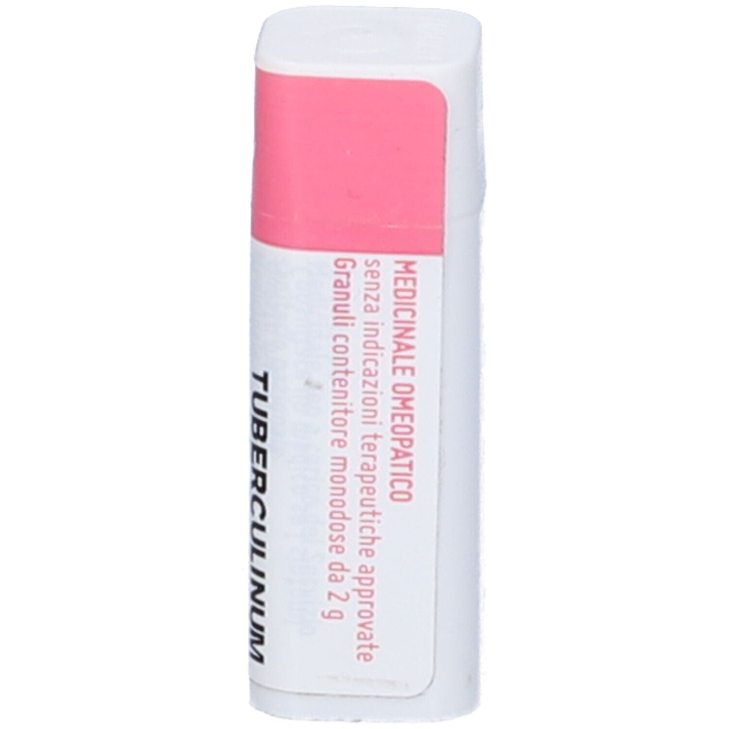Flacone bianco con etichetta rosa. Scritte: Tubercolinum. Informazioni mediche.