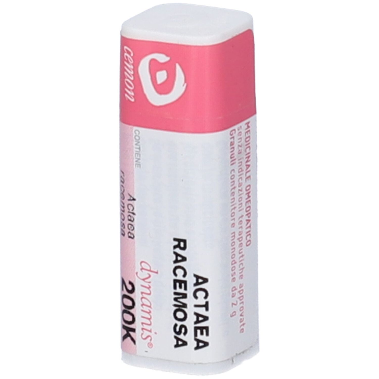 Confezione cilindrica con etichetta rosa. Scritte: Actaea Racemosa, 200K, dynamis, cemon, medicinale.