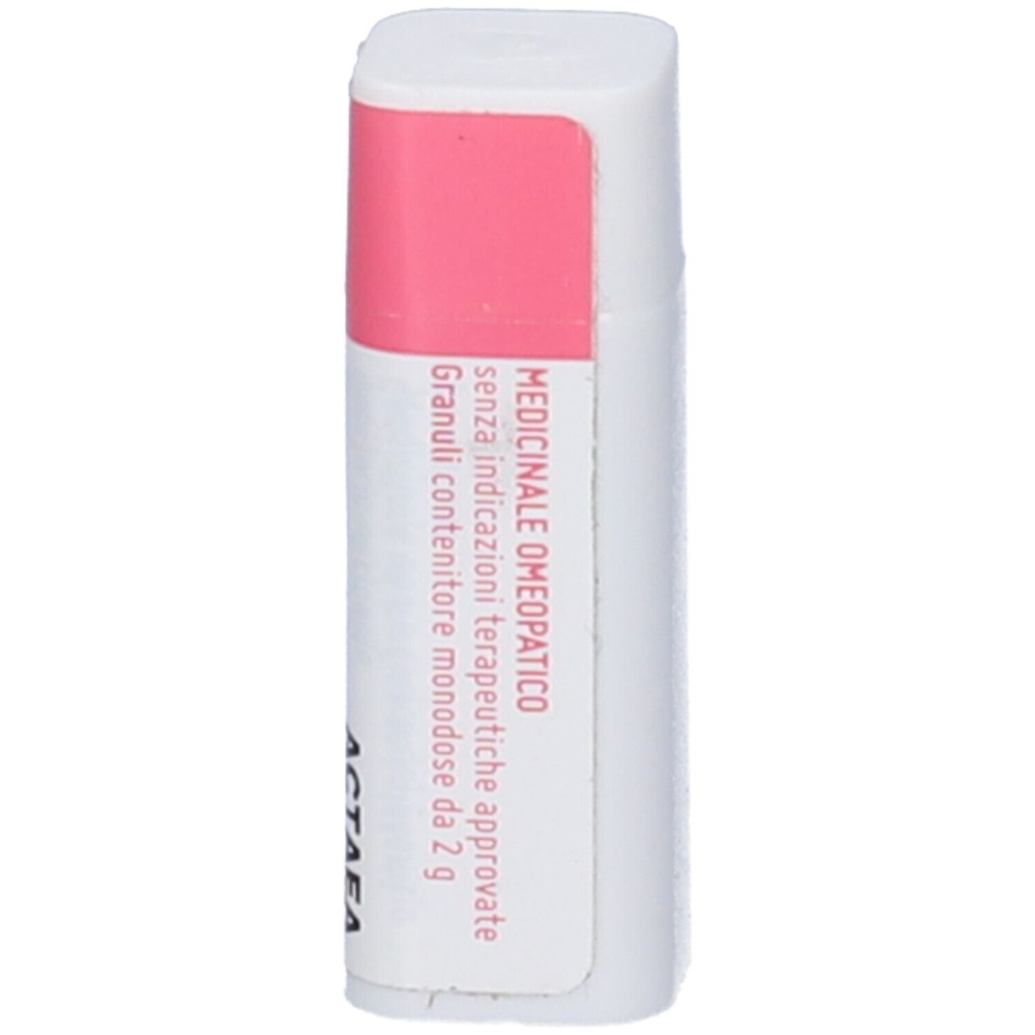 Contenitore bianco rettangolare con etichetta rosa. Scritte: Actaea Racemosa, medicinale.