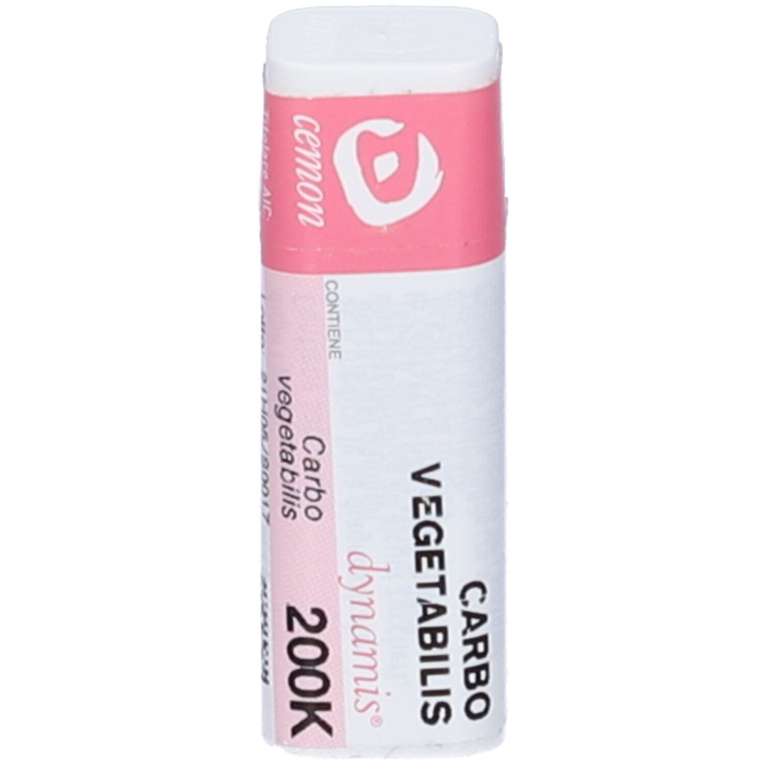Flacone bianco con etichetta rosa. Scritte: Carbo vegetabilis 200K, dynamis.