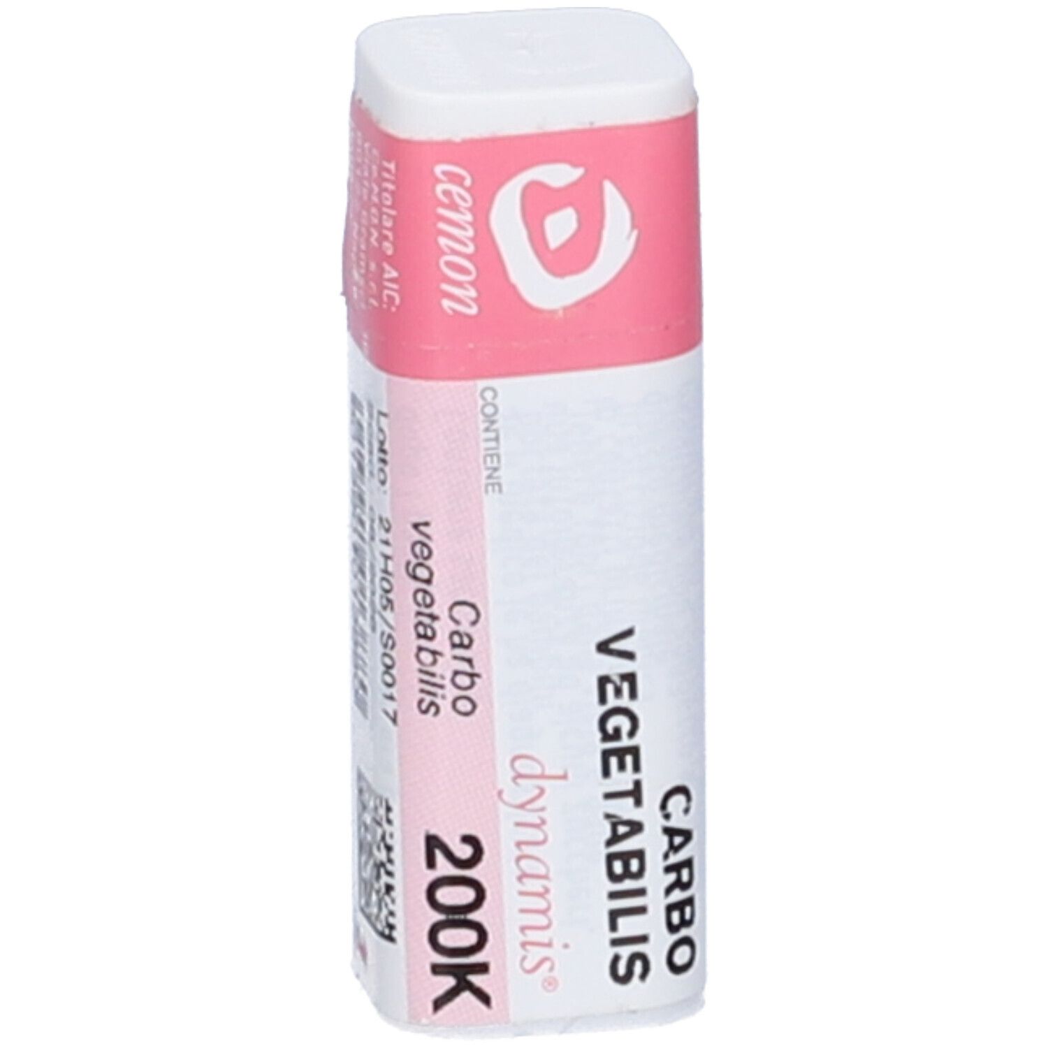 Flacone bianco con etichetta rosa. Scritte: Carbo vegetabilis 200K, dynamis.
