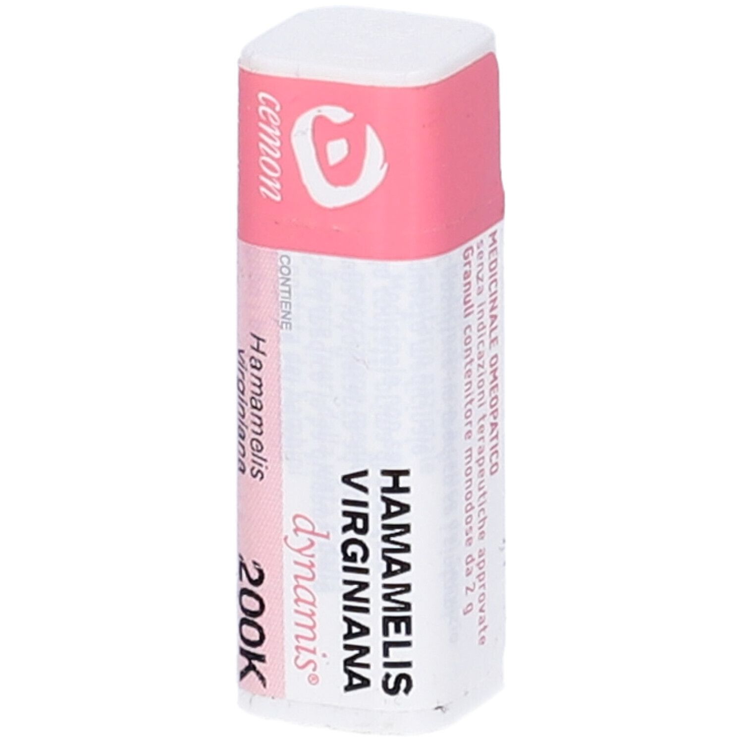 Confezione rettangolare bianca con etichetta rosa. Scritte: Hamamelis virginiana, 200K, dynamis. Marchio: cemon.