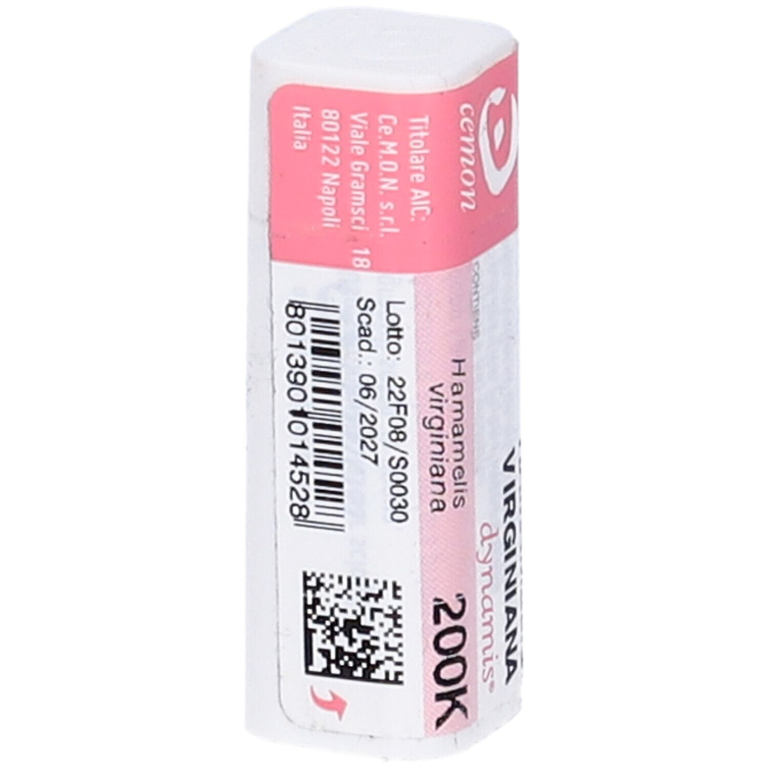 Confezione rettangolare bianca con etichetta rosa. Scritte: Hamamelis virginiana, 200K, dynamis. Con codice a barre.