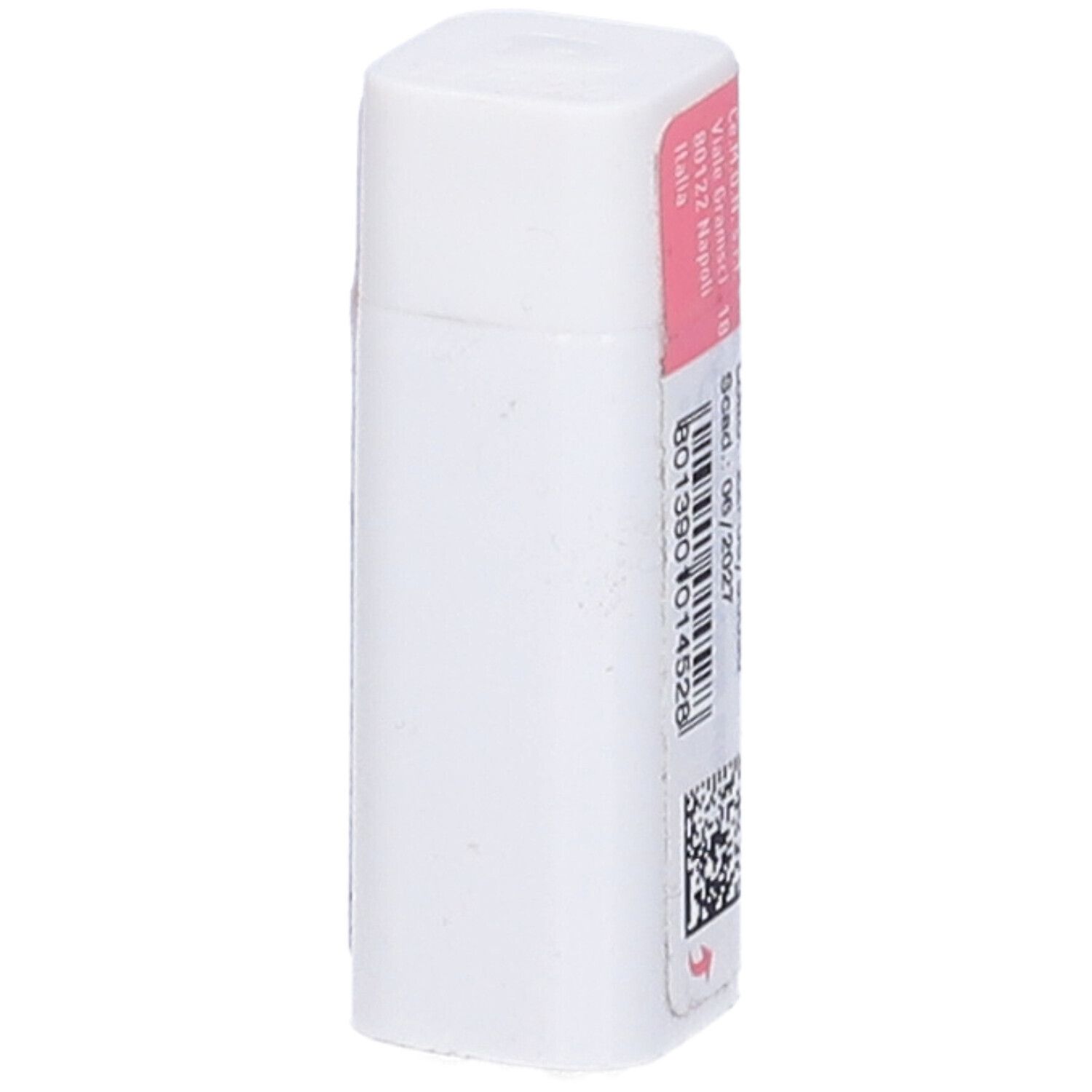 Confezione rettangolare bianca con etichetta rosa. Scritta: Scad. 06/2027. Codice a barre e QR code.