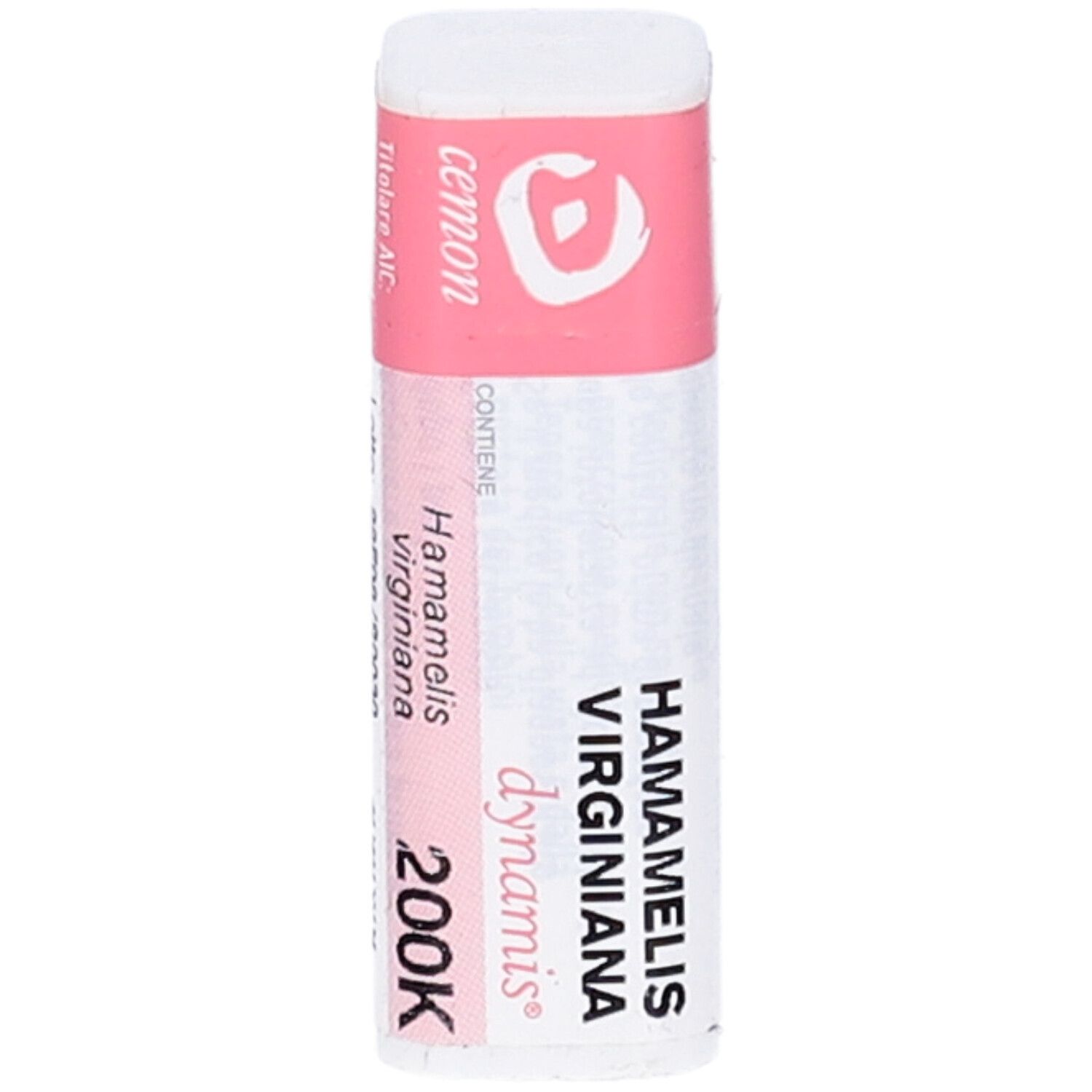 Confezione cilindrica bianca con etichetta rosa. Scritte: Hamamelis virginiana, 200K, dynamis. Marchio: cemon.