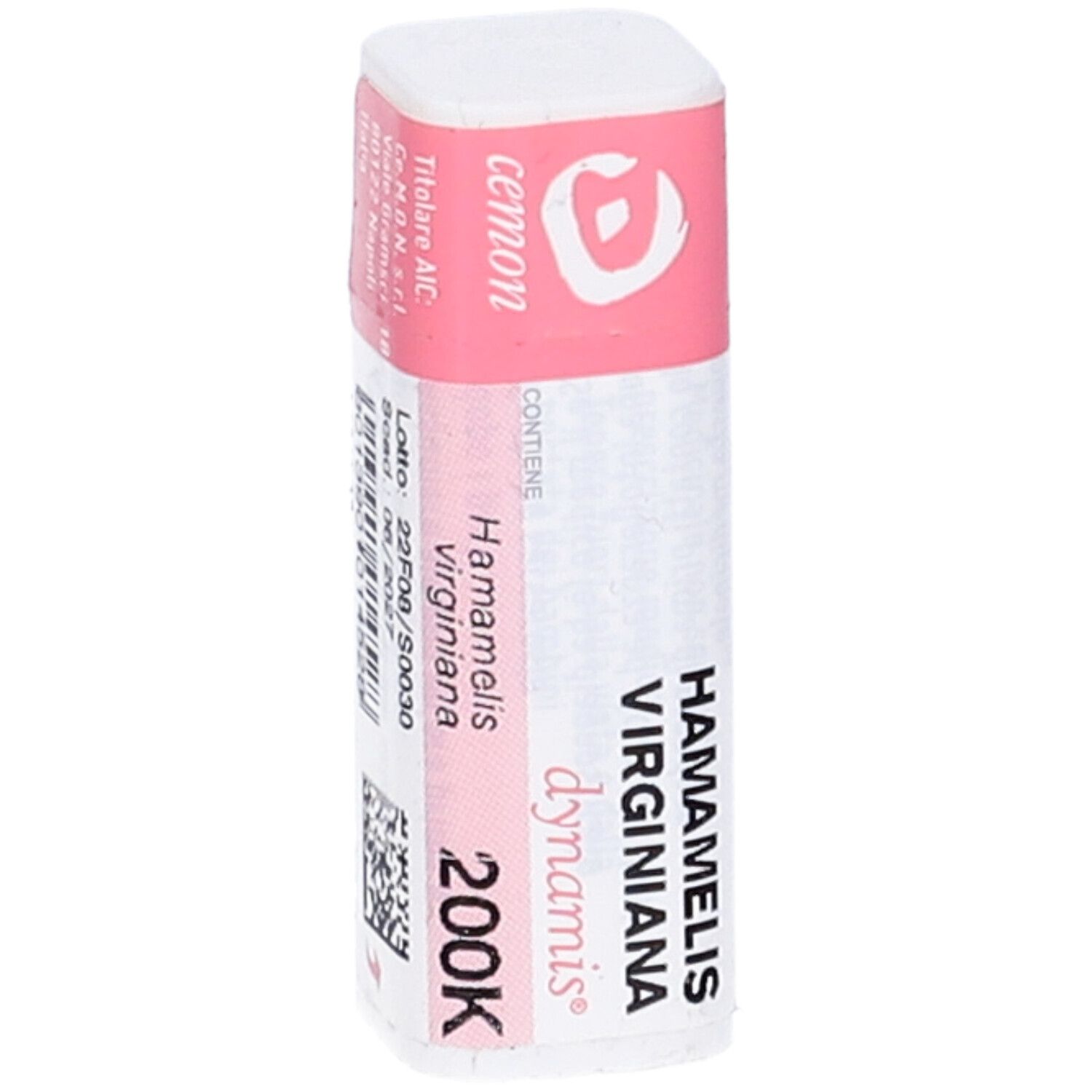 Confezione rettangolare bianca con etichetta rosa. Scritte: Hamamelis virginiana, 200K, dynamis. Con codice a barre.