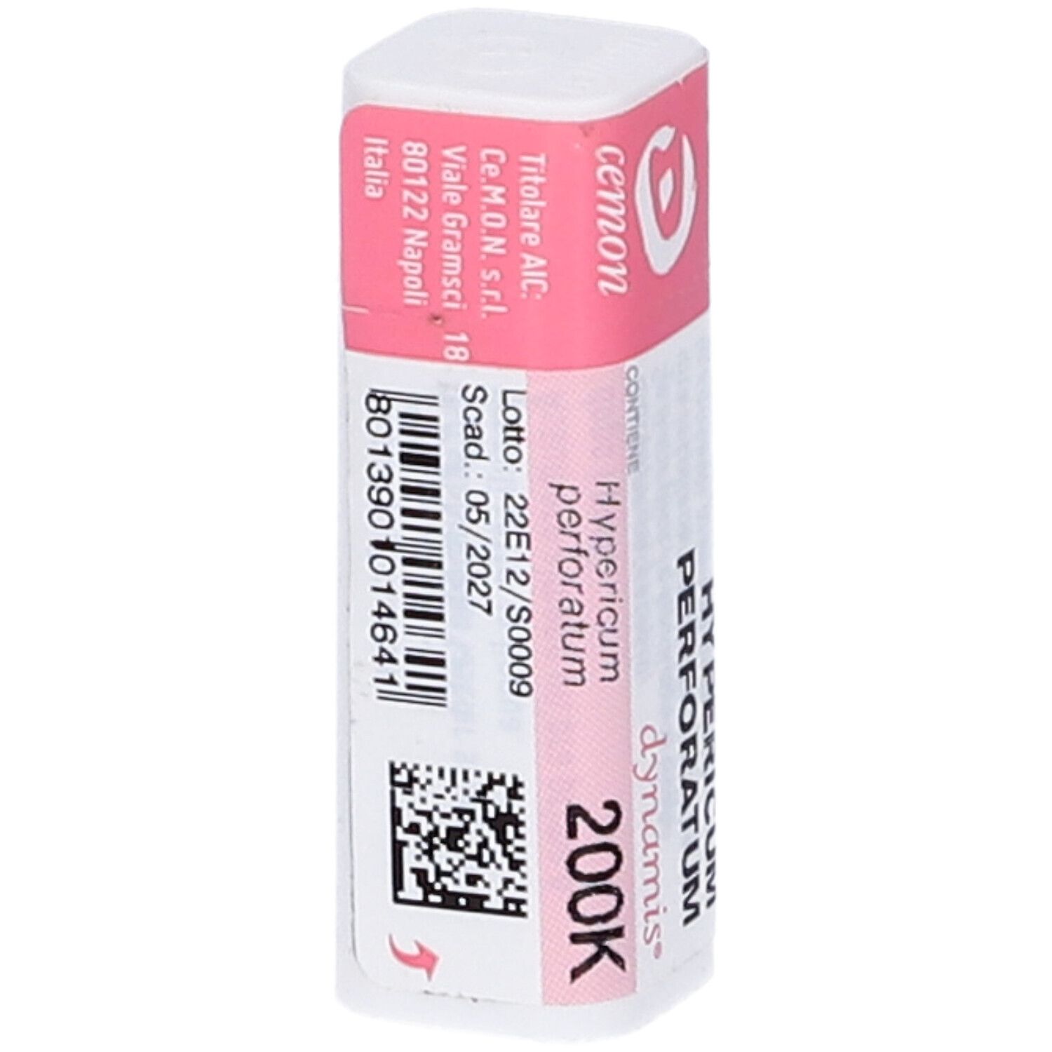 Confezione rettangolare con coperchio rosa. Scritte: cemon, Hypericum perforatum 200K, dynamis. Codice a barre.