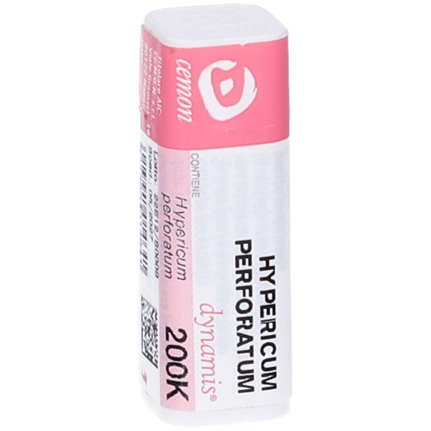 Confezione rettangolare con coperchio rosa. Scritte: cemon, Hypericum perforatum 200K, dynamis. Codice a barre.
