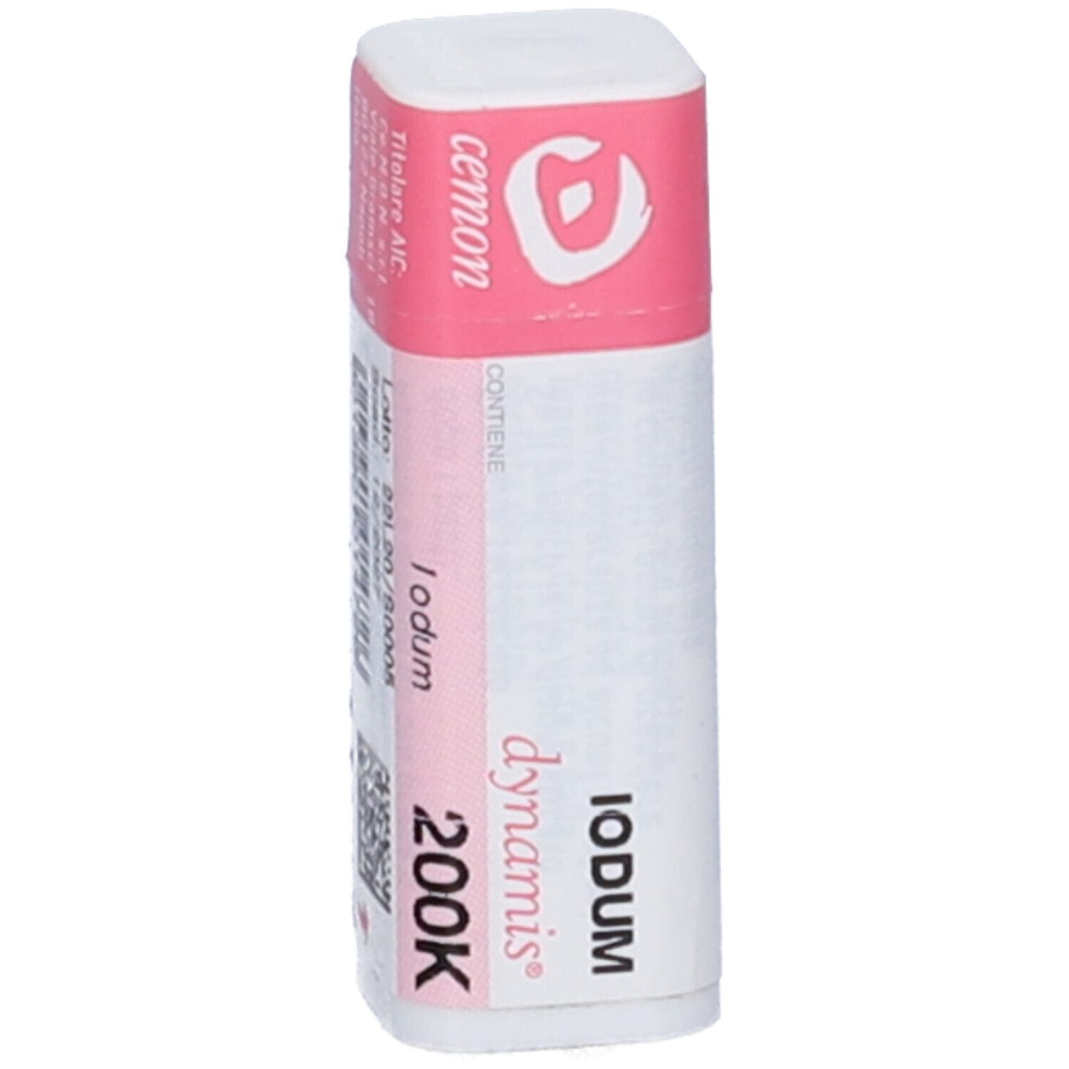 Confezione cilindrica con etichetta rosa e bianca. Scritta: Iodum 200K dynamis, cemon.